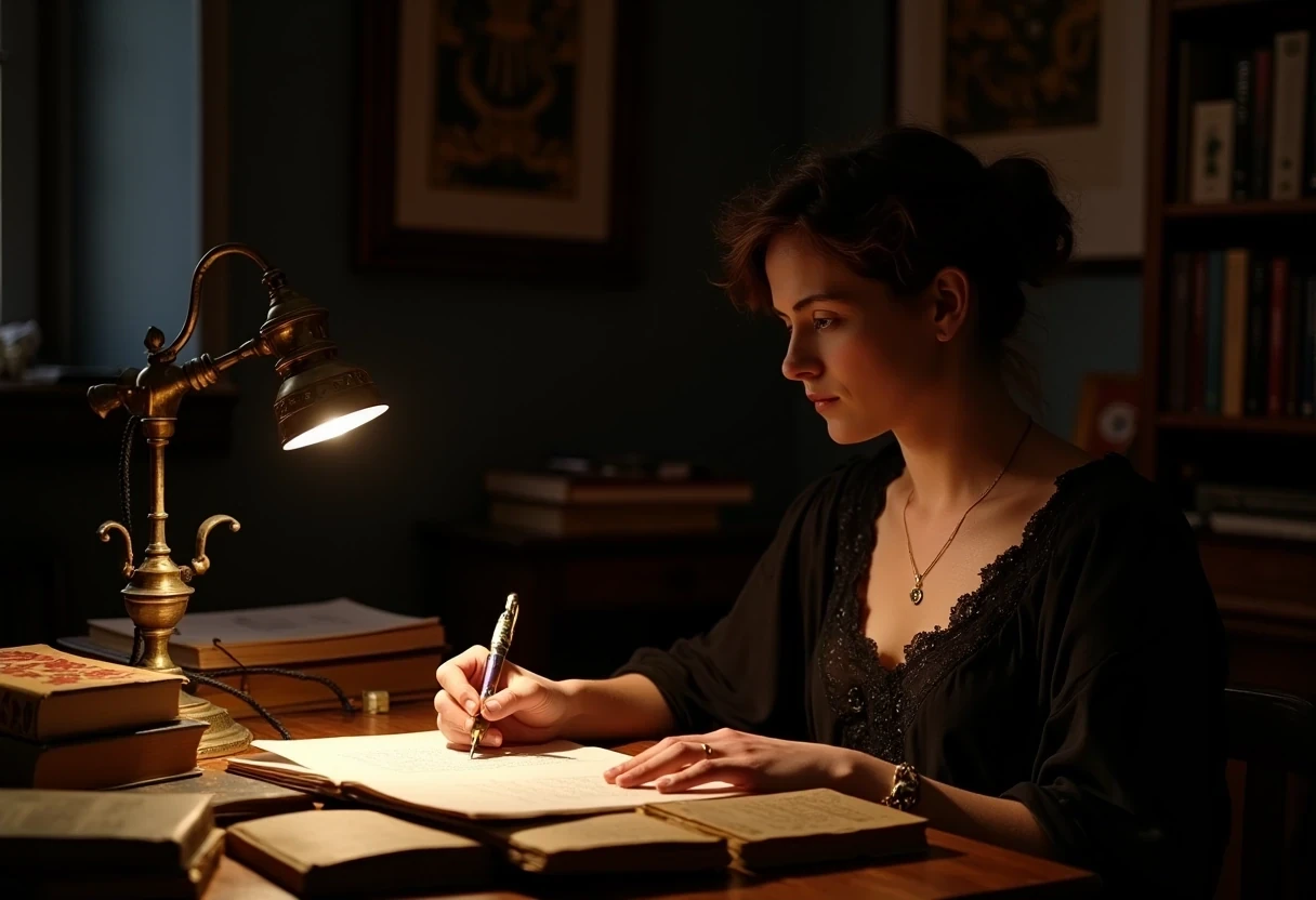 photo of woman CSTMDL, brunette, small pendant, hair tied, blue eyes, black night dress, working late night at her desk. The room is dark, the only light is a small art nouveau desk lamp.
She’s surrounded by a lot of old books and sheets of paper she worked on. She’s currently writing on a sheet with a beautiful vintage fountain pen.
She’s surrounded by her works in a beautiful art nouveau room with a Khmer piece of art in the background