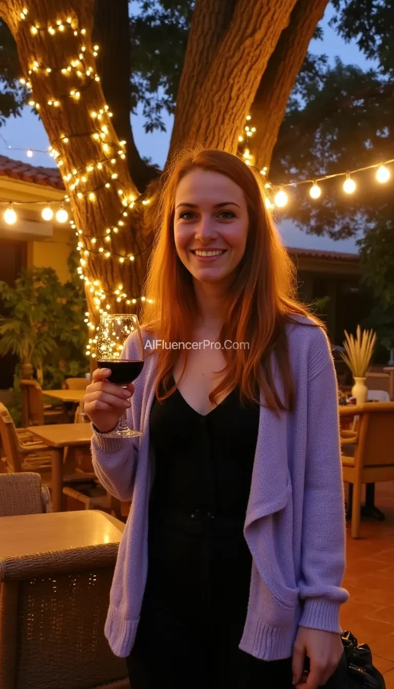 A full body shot photo of a woman standing outdoors at a cozy, warmly lit patio in the evening, with soft, glowing lights wrapped around a tree behind them creating a charming atmosphere. The image is rich in detail, with warm tones and clear textures throughout. The woman has fair skin, a slim build, and long reddish-blonde hair, also worn loose. She is smiling warmly at the camera, holding a glass of red wine in her right hand, and wears a soft-textured lavender cardigan over a black top. The background features a large tree with sparkling string lights wrapped around its trunk and branches, adding a magical touch to the scene. The setting suggests a private outdoor seating area, with elements like terracotta-tiled roofing, greenery, and rattan chairs contributing to a serene, inviting vibe. The overall composition is balanced, with the woman framed against the softly glowing tree, and the lighting enhances the warm, intimate feel of a quiet evening shared among friends. The details are vivid, with textures of clothing, skin, and background elements clearly visible, while the warm lighting creates a relaxed and joyful mood no watermark