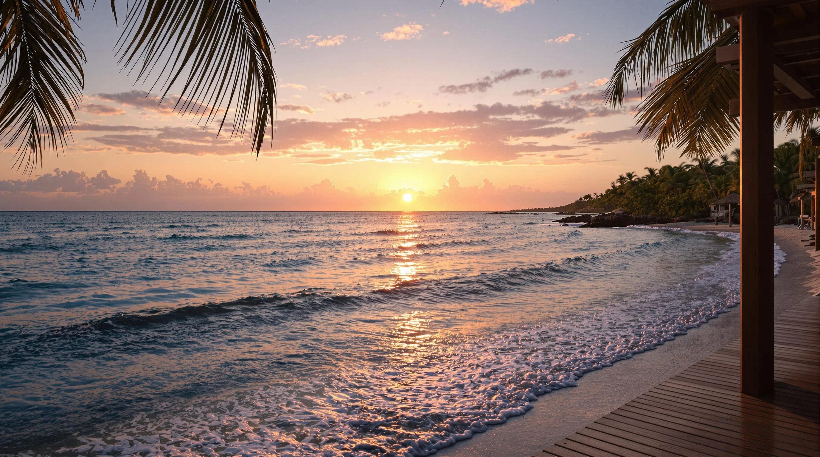 "A realistic tropical beach at sunset with soft golden light reflecting on calm water. A relaxed atmosphere with a glowing horizon, gentle waves, and a warm sky in tones of orange, pink, and purple. A modern wooden deck or beach hut partially in frame, some soft shadows from palm trees. Peaceful, cinematic mood. 4K ultra detailed photo-realistic.