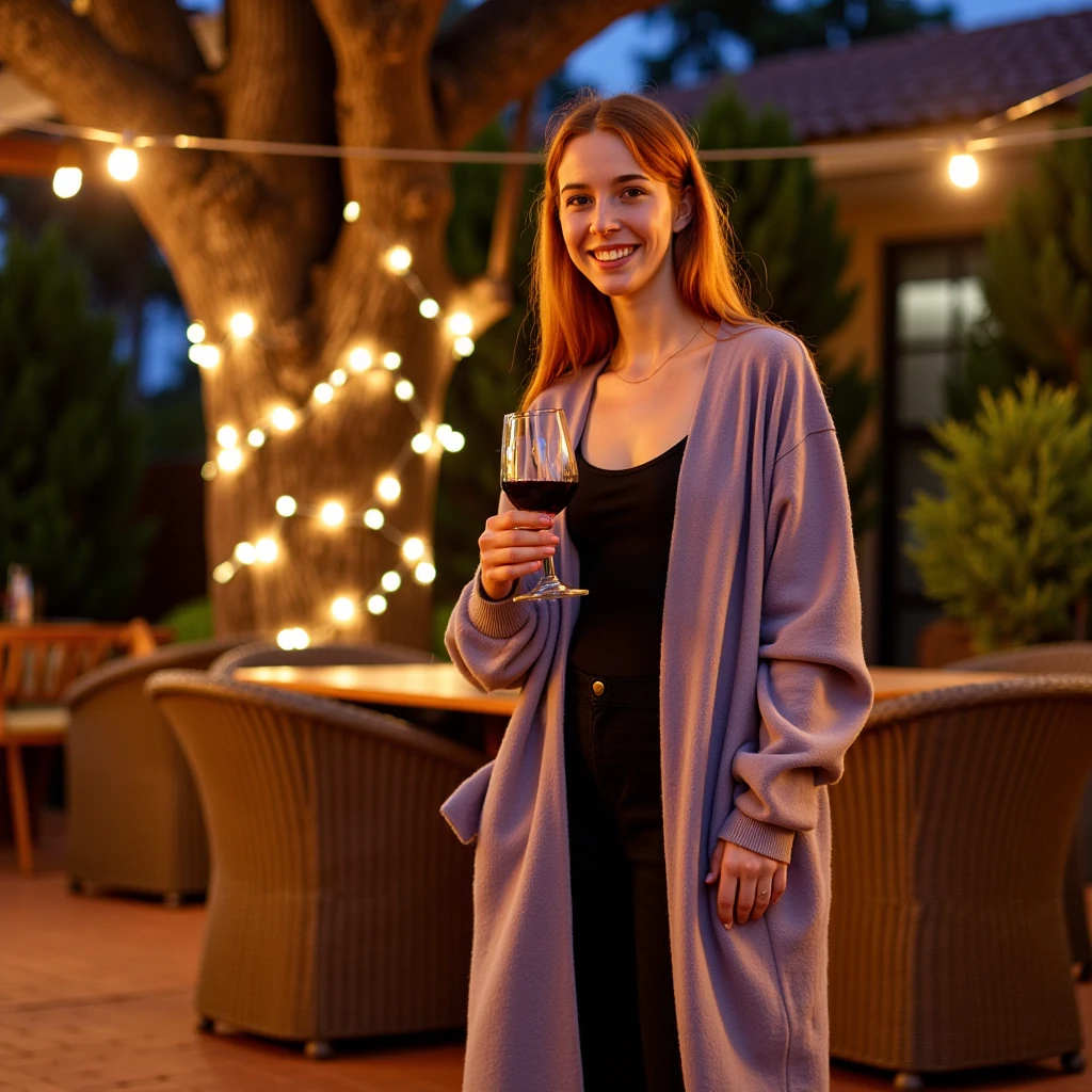 A full body shot photo of a woman standing outdoors at a cozy, warmly lit patio in the evening, with soft, glowing lights wrapped around a tree behind them creating a charming atmosphere. The image is rich in detail, with warm tones and clear textures throughout. The woman has fair skin, a slim build, and long reddish-blonde hair, also worn loose. She is smiling warmly at the camera, holding a glass of red wine in her right hand, and wears a soft-textured lavender cardigan over a black top. The background features a large tree with sparkling string lights wrapped around its trunk and branches, adding a magical touch to the scene. The setting suggests a private outdoor seating area, with elements like terracotta-tiled roofing, greenery, and rattan chairs contributing to a serene, inviting vibe. The overall composition is balanced, with the woman framed against the softly glowing tree, and the lighting enhances the warm, intimate feel of a quiet evening shared among friends. The details are vivid, with textures of clothing, skin, and background elements clearly visible, while the warm lighting creates a relaxed and joyful mood
