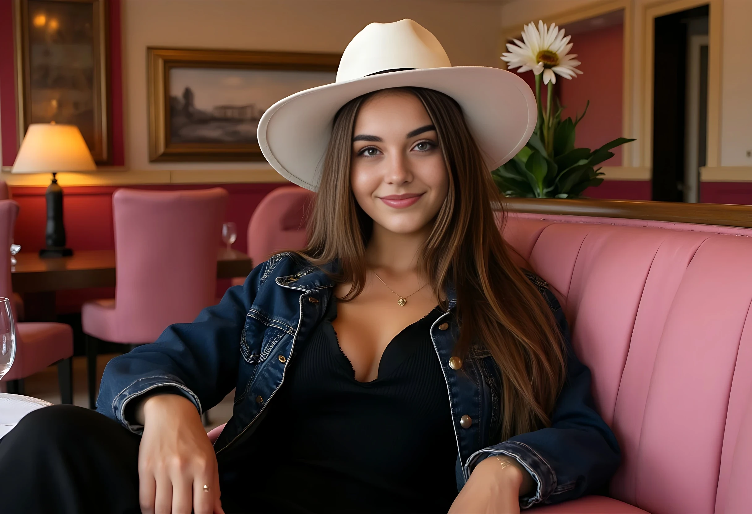 create an ultra-realistic selfie of a 19 year old Serbian woman. she is tan. She stands at 5'9", embodying the epitome of allure and charm with her sharp Slavic facial features. Her captivating blue eyes and long, brown hair enhance her mesmerizing presence. she is dressed in all black jumpsuit with a jean jacket on and a white hat. she is sitting in a fancy pink chair inside of a luxury 5 star restaurant. her expression is smiling. Focus on extreme realism, especially in her facial details. her hair is almost to her waist in length. her eyes are extremely realistic and she is looking directly in the camera. 