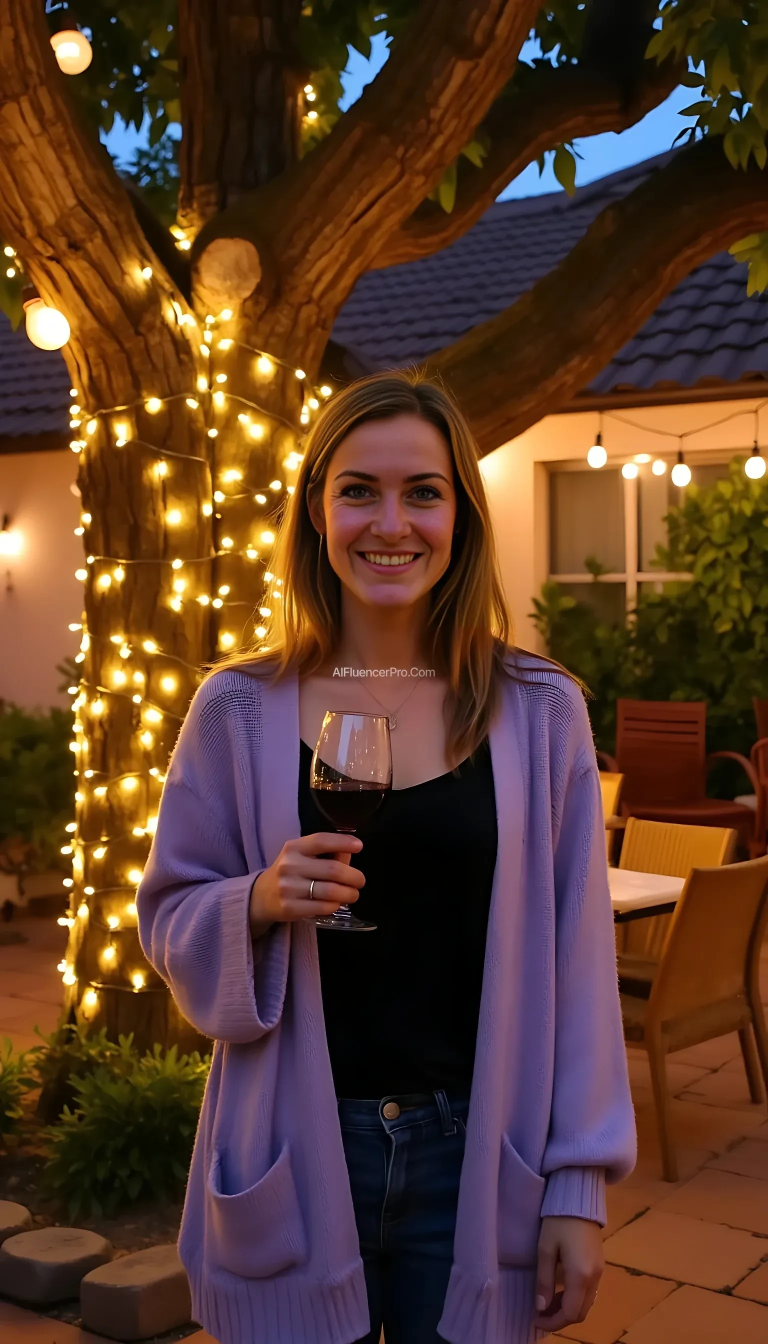 A full body shot photo of a woman standing outdoors at a cozy, warmly lit patio in the evening, with soft, glowing lights wrapped around a tree behind them creating a charming atmosphere. The image is rich in detail, with warm tones and clear textures throughout. The woman has fair skin. She is smiling warmly at the camera, holding a glass of red wine in her right hand, and wears a soft-textured lavender cardigan over a black top. The background features a large tree with sparkling string lights wrapped around its trunk and branches, adding a magical touch to the scene. The setting suggests a private outdoor seating area, with elements like terracotta-tiled roofing, greenery, and rattan chairs contributing to a serene, inviting vibe. The overall composition is balanced, with the woman framed against the softly glowing tree, and the lighting enhances the warm, intimate feel of a quiet evening shared among friends. The details are vivid, with textures of clothing, skin, and background elements clearly visible, while the warm lighting creates a relaxed and joyful mood