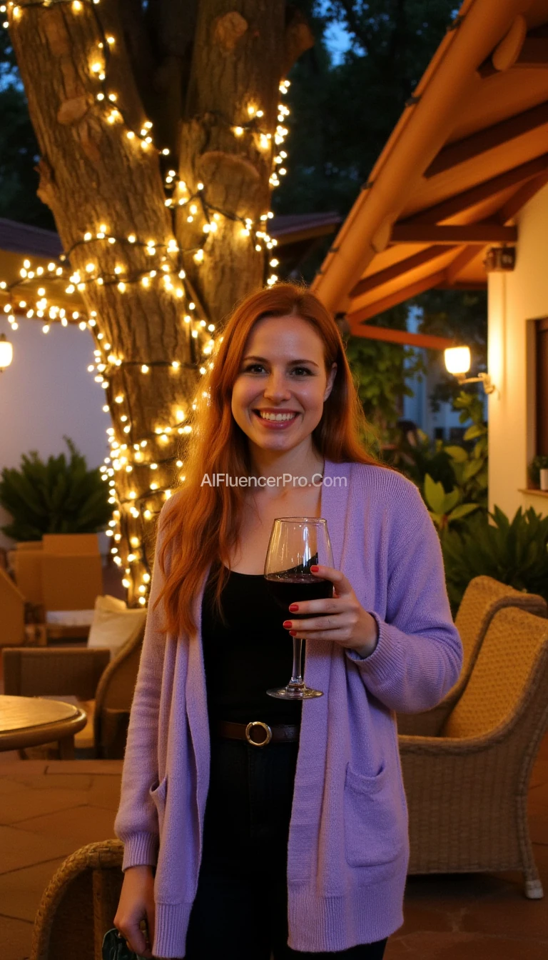 A full body shot photo of a woman standing outdoors at a cozy, warmly lit patio in the evening, with soft, glowing lights wrapped around a tree behind them creating a charming atmosphere. The image is rich in detail, with warm tones and clear textures throughout. The woman has fair skin, a slim build, and long reddish-blonde hair, also worn loose. She is smiling warmly at the camera, holding a glass of red wine in her right hand, and wears a soft-textured lavender cardigan over a black top. The background features a large tree with sparkling string lights wrapped around its trunk and branches, adding a magical touch to the scene. The setting suggests a private outdoor seating area, with elements like terracotta-tiled roofing, greenery, and rattan chairs contributing to a serene, inviting vibe. The overall composition is balanced, with the woman framed against the softly glowing tree, and the lighting enhances the warm, intimate feel of a quiet evening shared among friends. The details are vivid, with textures of clothing, skin, and background elements clearly visible, while the warm lighting creates a relaxed and joyful mood
