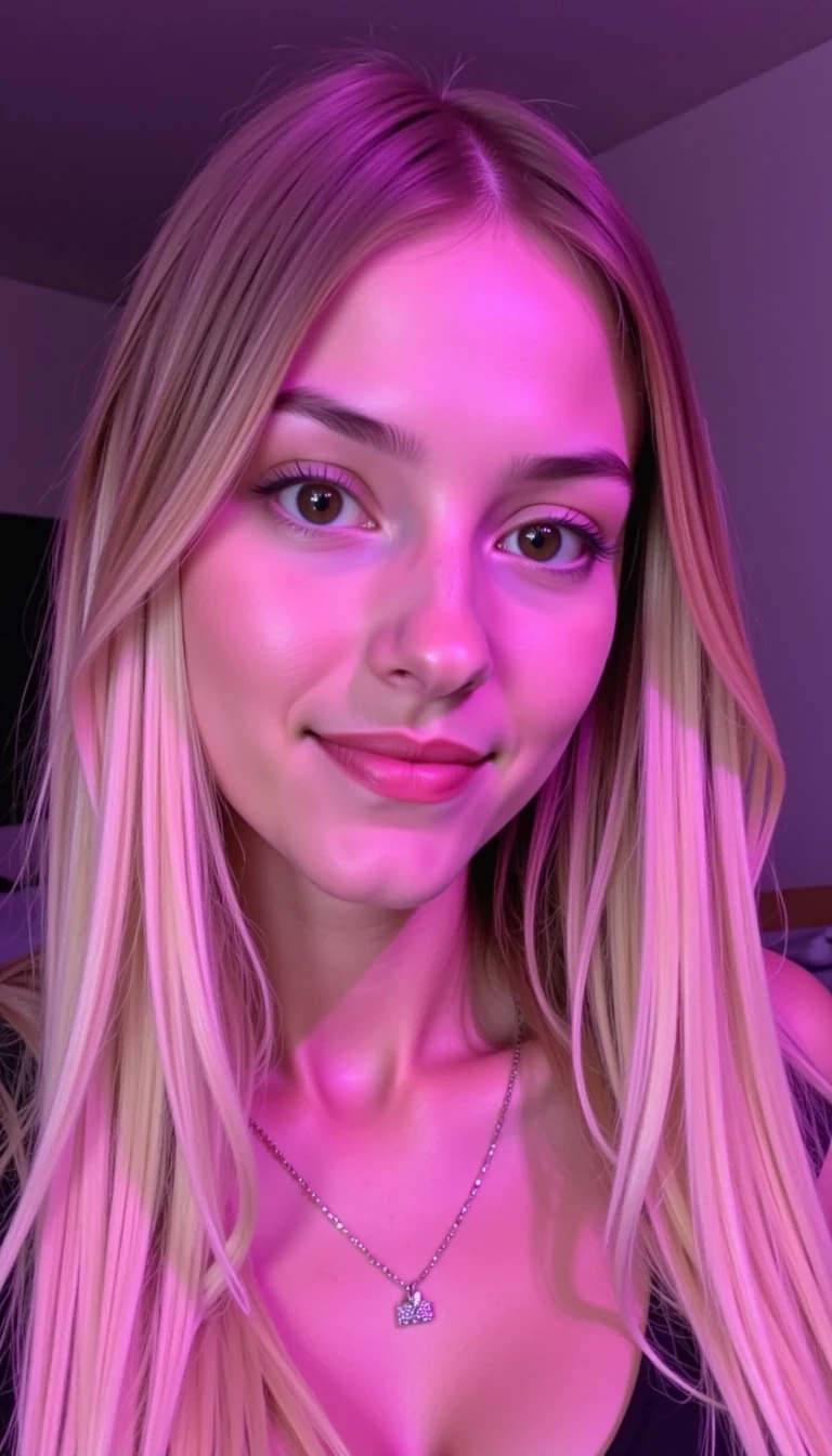 CSTMDL A close-up portrait of a young woman with long, blond hair, a soft, muted pink-purple lighting effect, and a neutral makeup aesthetic, shot in a dimly lit room with a purple-toned wall; style mimicking a contemporary social media portrait.