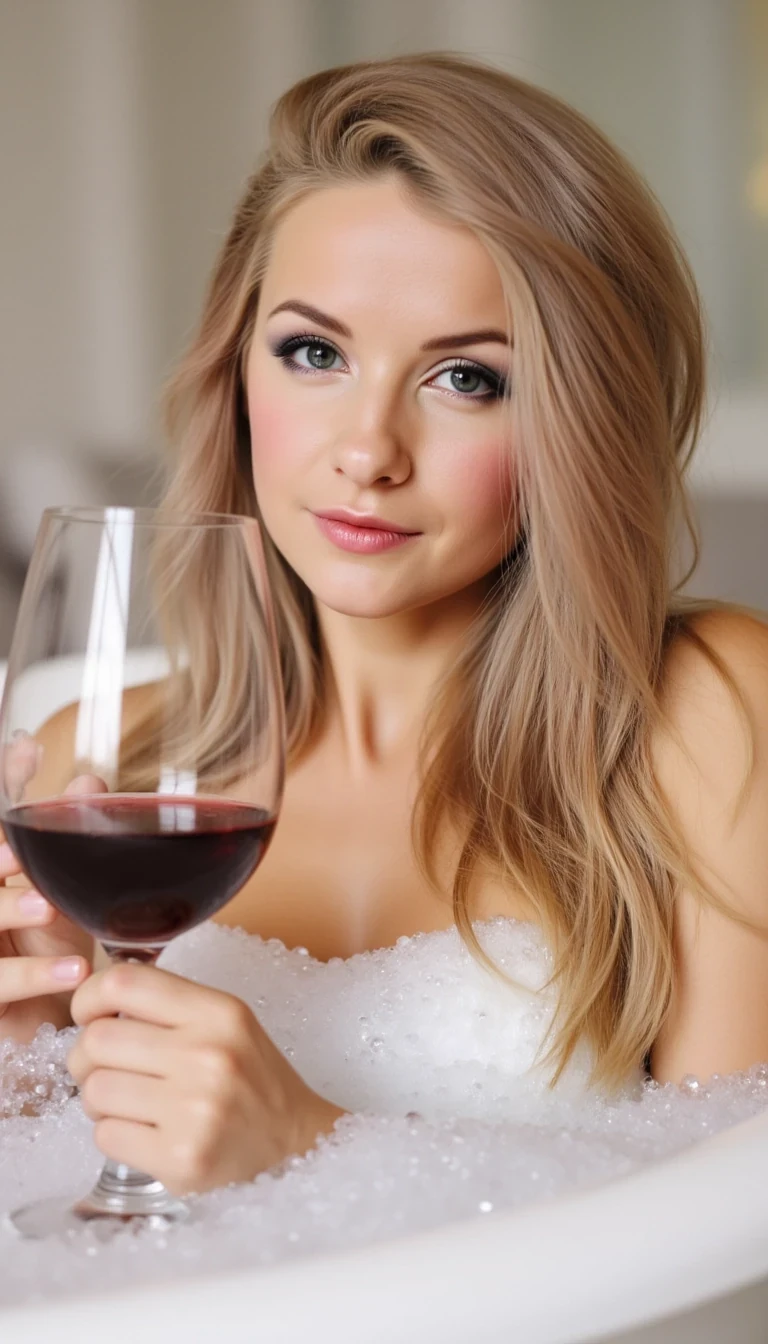 iphone portrait of CSTMDL blond hair in a bath tub full of bubbles with glasse of wine in hand