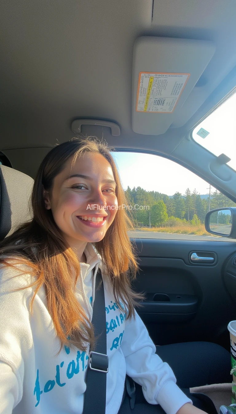 boring low quality snapchat photo circa 2015, A young woman with a warm smile, sitting in the driver's seat of a cozy car. She has soft, wavy brown hair cascading past her shoulders. The sunlight streams through the window, casting a gentle glow on her face. The interior of the car is neat and comfortable, with a coffee cup in the cup holder and a small plant on the dashboard. The background outside the window shows a scenic road lined with trees and blue skies
