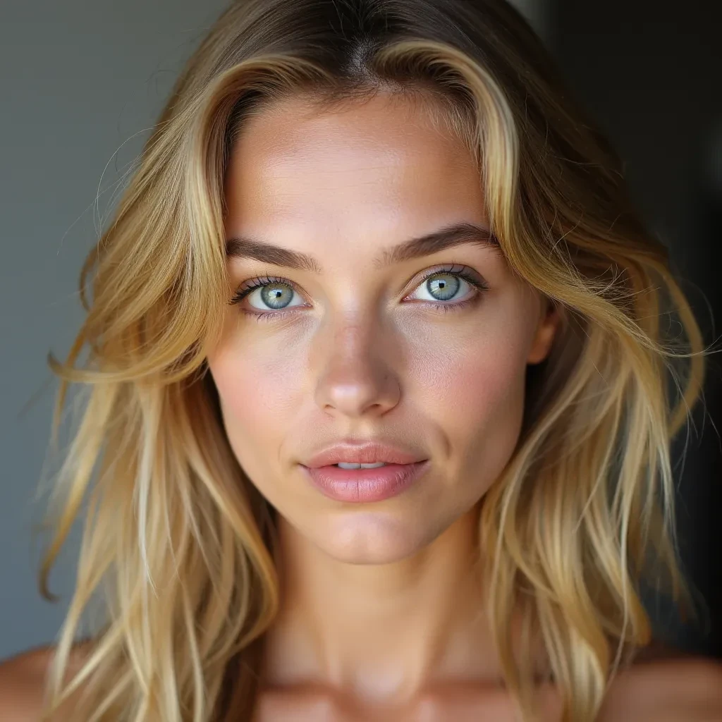 Portrait of an attractive young woman with natural facial features, soft makeup, long slightly wavy blonde hair, blue eyes, smooth fair skin. She resembles a typical European model – similar to Sophie Rain, but unique. Natural lighting, soft shadows, friendly facial expression, slightly sensual gaze, realistic, high-quality fashion editorial styling. Focus on the face, aesthetic, flawless yet natural and hot, photorealistic, 4K detail