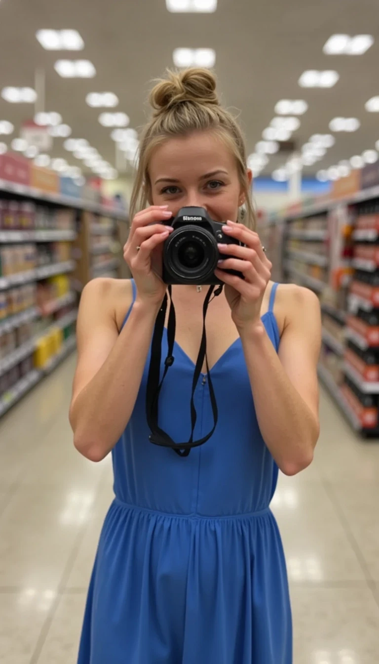 CSTMDL Alice holding out her arms holding a camera taking a selfie pov in a grocery store wearing a blue sun dress with hair in a bun 