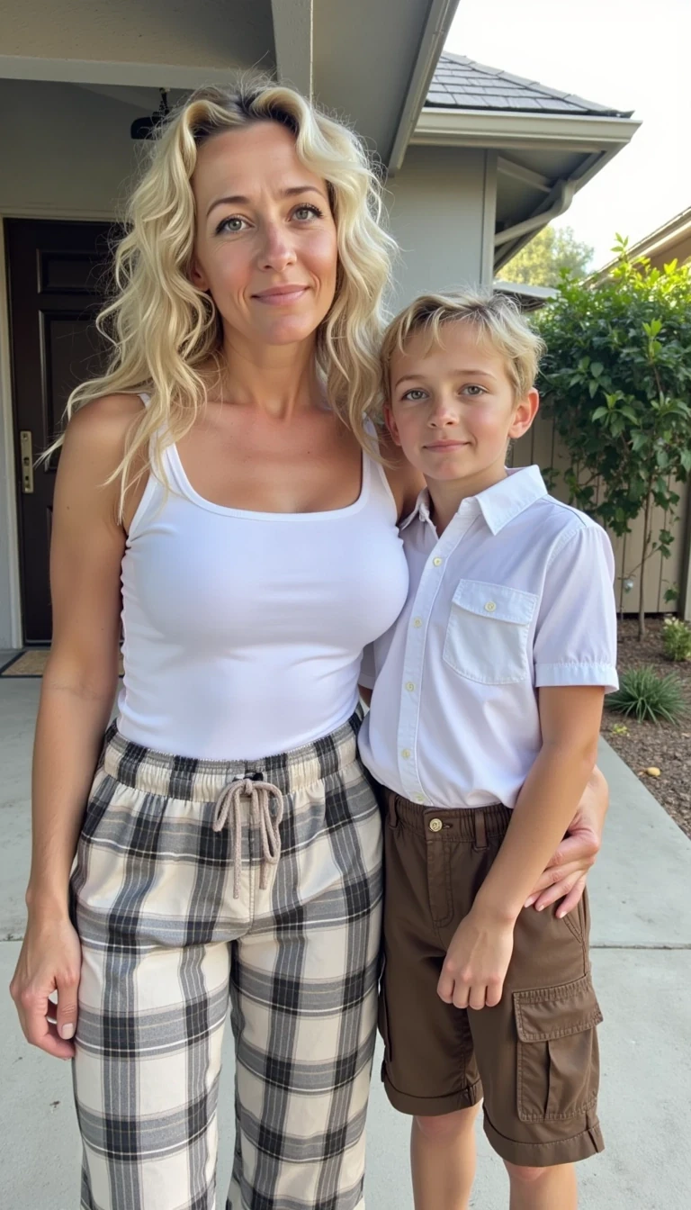  blonde cute woman CSTMDL, mid 30s shoulder length curly blonde hair posing outside with white 7 year old boy dressed for his first day of school wearing a crisp white button down shirt and brown cargo shorts. Woman is very thin and toned and voluptuous and wearing plaid baggy pajama bottoms and a white cotton tank top which shows the round fullness of her very large breasts. Family style portrait with an unintentionally sexy mom. Low quality Snapchat selfie circa 2015. 