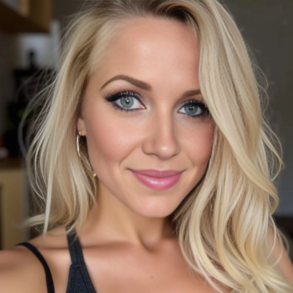 Beautiful girl with big boobs, blue eyes, blonde hair 