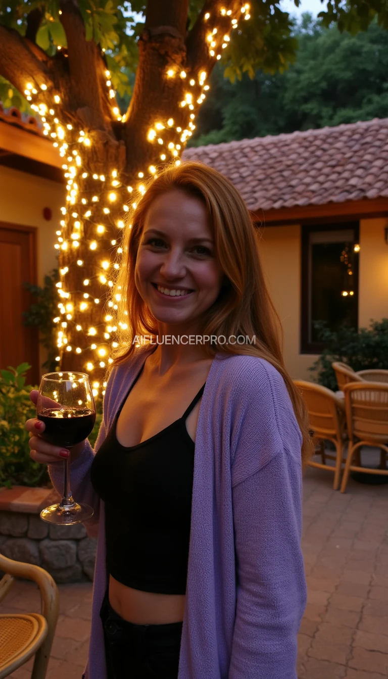 A full body shot photo of a woman standing outdoors at a cozy, warmly lit patio in the evening, with soft, glowing lights wrapped around a tree behind them creating a charming atmosphere. The image is rich in detail, with warm tones and clear textures throughout. The woman has fair skin, a slim build, and long reddish-blonde hair, also worn loose. She is smiling warmly at the camera, holding a glass of red wine in her right hand, and wears a soft-textured lavender cardigan over a black top. The background features a large tree with sparkling string lights wrapped around its trunk and branches, adding a magical touch to the scene. The setting suggests a private outdoor seating area, with elements like terracotta-tiled roofing, greenery, and rattan chairs contributing to a serene, inviting vibe. The overall composition is balanced, with the woman framed against the softly glowing tree, and the lighting enhances the warm, intimate feel of a quiet evening shared among friends. The details are vivid, with textures of clothing, skin, and background elements clearly visible, while the warm lighting creates a relaxed and joyful mood