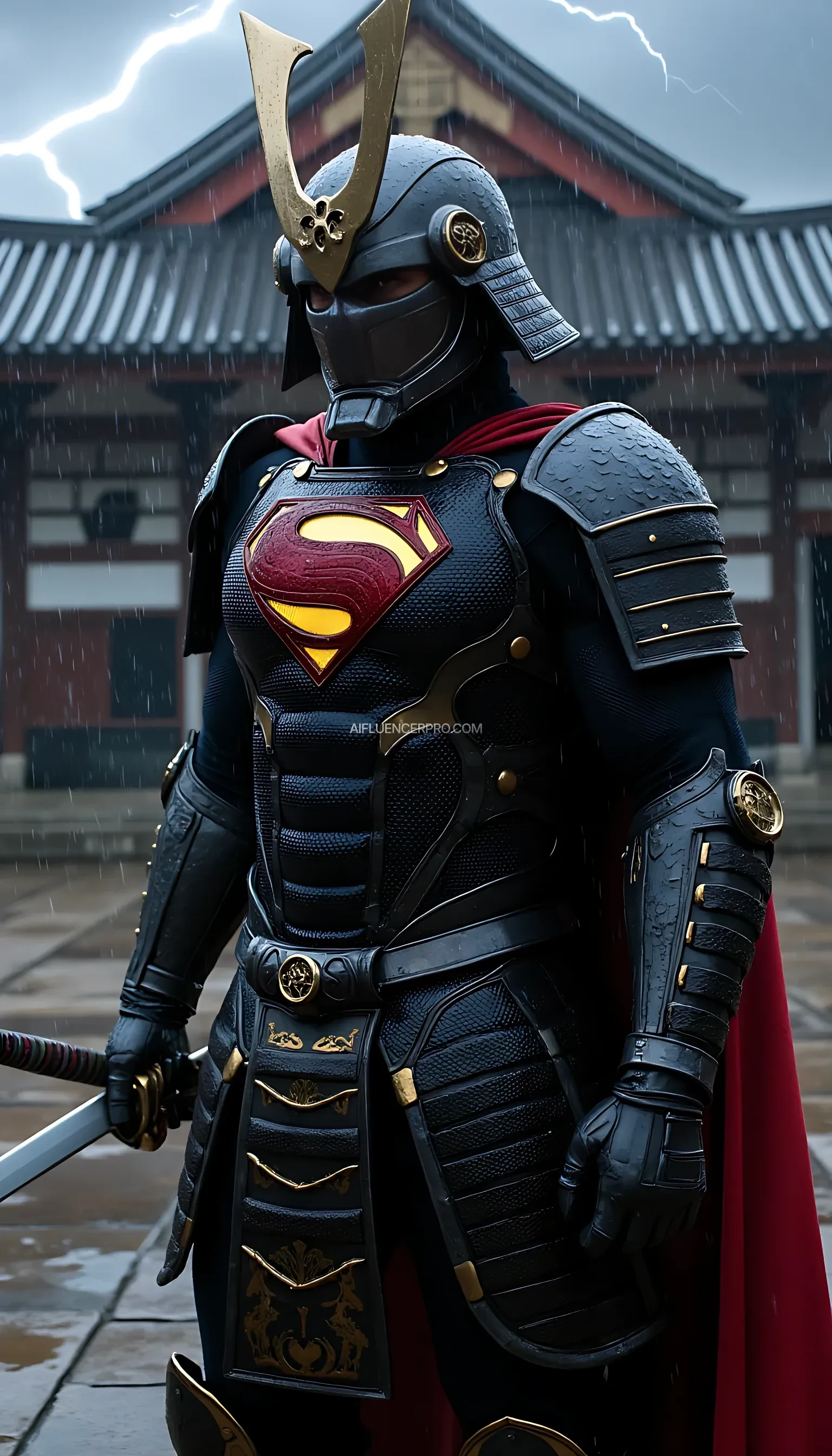 A photorealistic Superman wearing a majestic samurai-inspired suit, combining traditional Japanese armor with futuristic design. The samurai armor features intricate, metallic plating, with glowing accents that emphasize the advanced technology within. The iconic 'S' symbol is subtly integrated into the chest plate, radiating an aura of power. He wears a modernized samurai helmet, its sleek lines dripping with rain as water streams down his armor. Superman grips a katana firmly in one hand, the blade shimmering under the pouring rain, while droplets cascade from its edge. The scene is set in an ancient Japanese temple courtyard during a torrential downpour. Thunder rumbles in the distance, and flashes of lightning briefly illuminate the darkened sky. Puddles form on the stone ground, reflecting the temple's towering silhouette. Superman stands poised, his cape soaked and clinging to his body, as he prepares for an intense battle amidst the dramatic, rain-soaked atmosphere.