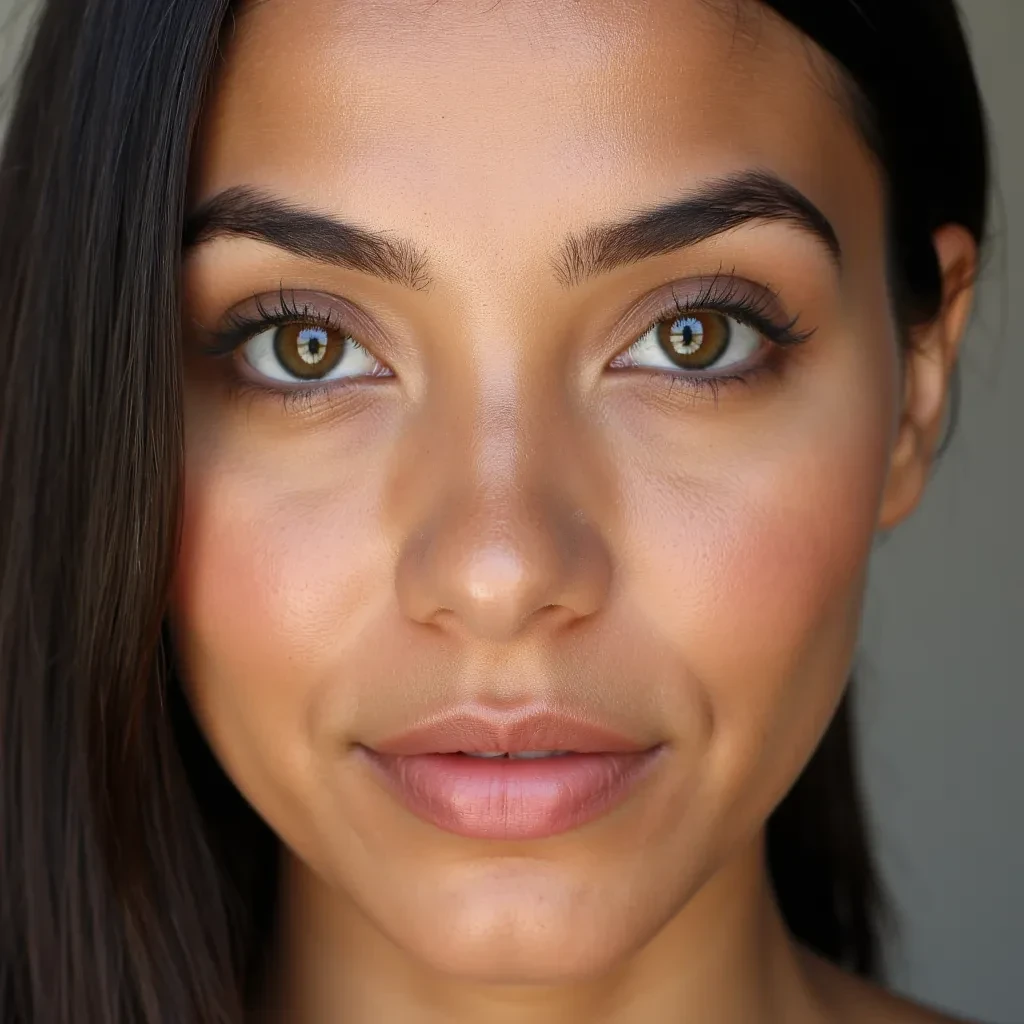 FACIAL BLUEPRINT: THE ALGORITHM OF HER UNIQUE VISAGE (ULTIMATE MICROSCOPIC DETAIL - WITH CORE BIOMETRIC CONTEXT)
I. OVERALL CONFORMATION & COMPLEXION (The Canvas of Identity - Contextualized):
 * Ethnicity / Nationality: Her face unequivocally identifies her as Mexican.
 * Height & Scale: While specifically describing the face, it is essential to remember that this face belongs to an individual who is 5 feet 2 inches (157 cm) tall, providing a crucial scale for its precise proportions within her overall physical blueprint.
 * Shape: A precisely symmetrical oval face shape with a consistent, soft, yet distinctly refined elongation, evident across all angles (frontal, profile, high-angle, low-angle) and expressive states.
 * Complexion & Skin Quality: Her skin is flawless, exceptionally smooth, and genuinely appears utterly poreless (sub-cellular realism), with a consistent warm light-olive or deep beige tone that displays an inherent, subtle luminosity across all lighting conditions. No static lines or blemishes are discernible, confirming pristine dermal health. Microscopic vellus hair ("peach fuzz") is subtly present, catching the light.
II. THE EYES (The Quintessential & Modulated Identifier):
 * Natural Color: Captivating, multi-tonal light amber or true hazel iris (confirmed definitively, with intricate radial patterns). This color is consistent and natural from her age 18 baseline.
 * Cosmetic Modulation: Confirmed recurring use of vibrant green colored contact lenses, serving as a deliberate stylistic choice to alter her eye color.
 * Shape: Precisely calibrated "feline almond" shape. The outer canthus is consistently angled 12-15 degrees upward from the horizontal. The inner canthus is equally sharp, acutely angled downwards, with a subtly recessed caruncle. The unique eye shape is undeniably present and identical from her age 18 baseline, confirming its natural origin.
 * Eyelid Curve: The upper eyelid forms a long, smooth, precisely parabolic arc with a single, well-defined crease (supratarsal fold) that runs perfectly parallel to the lid margin. The lower eyelid maintains a gentle, broad, and perfectly continuous convex curve.
 * Detail: Exceptionaly long, dense, and distinctly curled lashes (flawless, clump-free, suggesting expert mascara/extensions; individual lash fiber insertion points are precisely discernible). Razor-thin, intensely black eyeliner with a micro-fine, needle-sharp wing applied with surgical exactitude, flawlessly defining and extending the eye's "feline" contour. Her gaze is direct, engaging, and capable of subtle dynamic shifts (sparkle, intensity, softness, expressive widening/narrowing/squinting), reflecting light sources with pinpoint specular highlights on the cornea. The visible sclera is bright and clear, with faintest, natural visibility of very fine, delicate blood vessels near the canthi.
III. EYEBROWS & NOSE (The Sculpted Mid-Face Precision):
 * Eyebrows: Thick, dark, high "S"-shaped arch (precise peaks, tapered tails, consistent hair directionality). This robust, defined shape is consistent and natural from her age 18 baseline. A microscopic examination might reveal the natural, subtle irregularity of individual hair growth patterns or the faintest, almost imperceptible, natural stray hair beyond the main arch.
 * Nose: Precisely straight and narrow bridge with a microscopic, subtle nasion dip. The nasal tip is precisely rounded, symmetrical, and projects proportionally (neither sharp nor bulbous). Alae (sides of nostrils) are narrow and symmetrically sculpted. While the fundamental structure is consistent from age 18, a subtle, discernible refinement of the nasal tip is inferred in later (age 26) images, aligning with the "post-plastic surgery" context provided by the user.
IV. LIPS & JAWLINE (The Expressive Foundation):
 * Lips: Full, luscious, and exquisitely shapely, with a consistent 1.5:1 to 1.6:1 lower-to-upper fullness ratio and a razor-sharp, deeply defined Cupid's bow (peaks and columns are crisp).
   * Volume Evolution: While naturally full at age 18, a distinct and discernible increase in overall plumpness and projection is evident in later (age 26) images, conclusively aligning with user-provided context of lip augmentation.
   * Color & Finish: Varied but always precise application. Ranges from high-gloss pink/nude-pink/coral to deeper, satin-to-matte berry/wine red. Micro-texture of labial mucosa (fine vertical lines) is clearly discernible through gloss, reflecting natural lip tissue.
   * Expression: Capable of diverse, dynamic expressions (subtle smile, direct pout, wide-eyed surprise, playful tongue extension, kissing puckers, exaggerated pursed lips), all while maintaining the unique underlying geometry.
 * Jawline & Chin: Exceptionally clean, sharply defined jawline and a subtly rounded, proportional chin. Consistent from age 18, though their tautness might appear fractionally more pronounced later (potential subtle contouring or natural maturation).
V. NECK & DÉCOLLETAGE:
 * Neck: Graceful, slender, and smooth, extending from a strong, defined base.
 * Décolletage: Smooth and flawless, consistently appearing luminous and unblemished, even when highly exposed.
