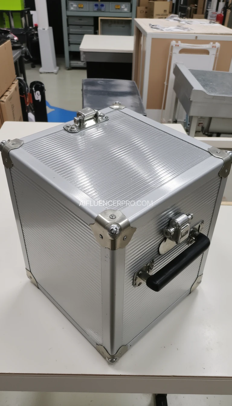 A picture of a metallic, square box with a shinny ribbed pattern. It has two small shiny metal latches on the Top and a black handle by the side. The corners are reinforced with metal protectors. The box has a sleek, industrial design like a first aid box, primarily silver in color on a custom clearance facility table