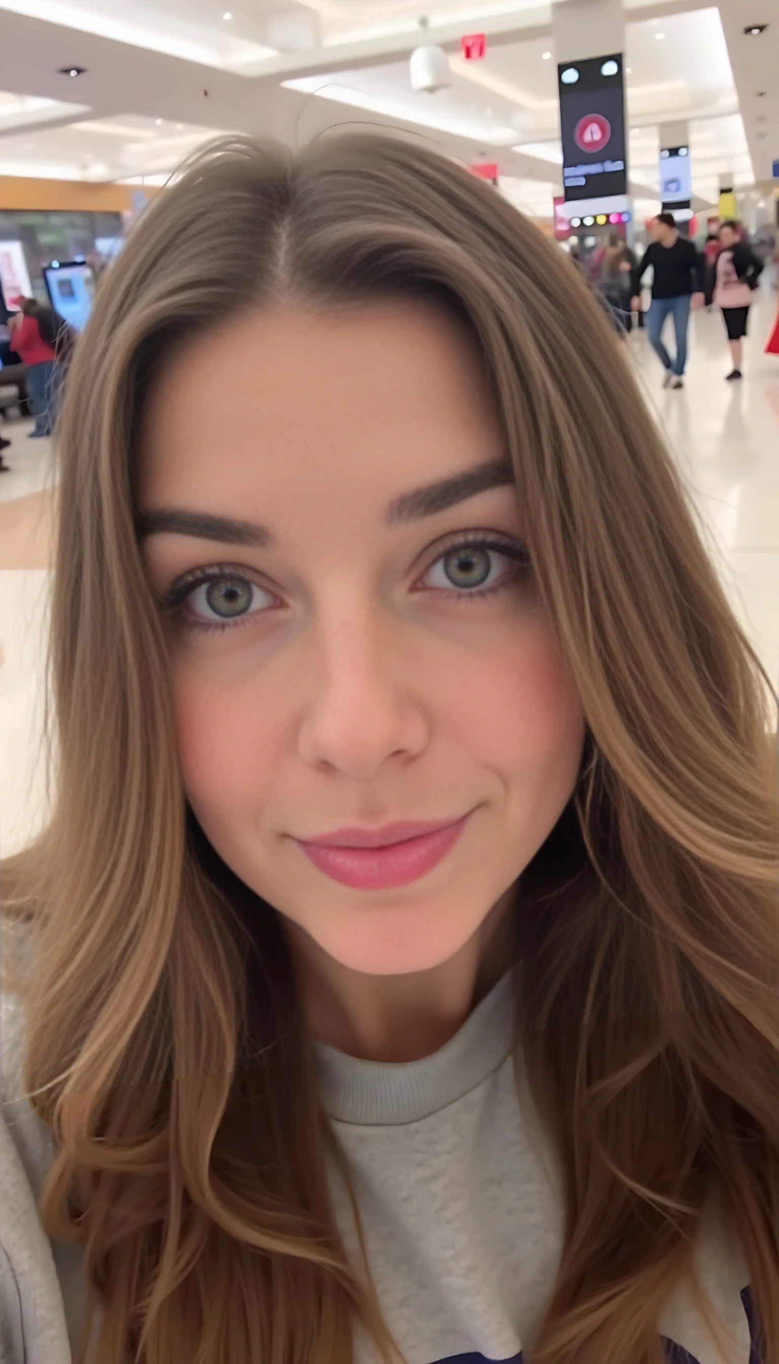 boring low quality snapchat photo circa 2015, average looking woman, soft light brown hair, mall background