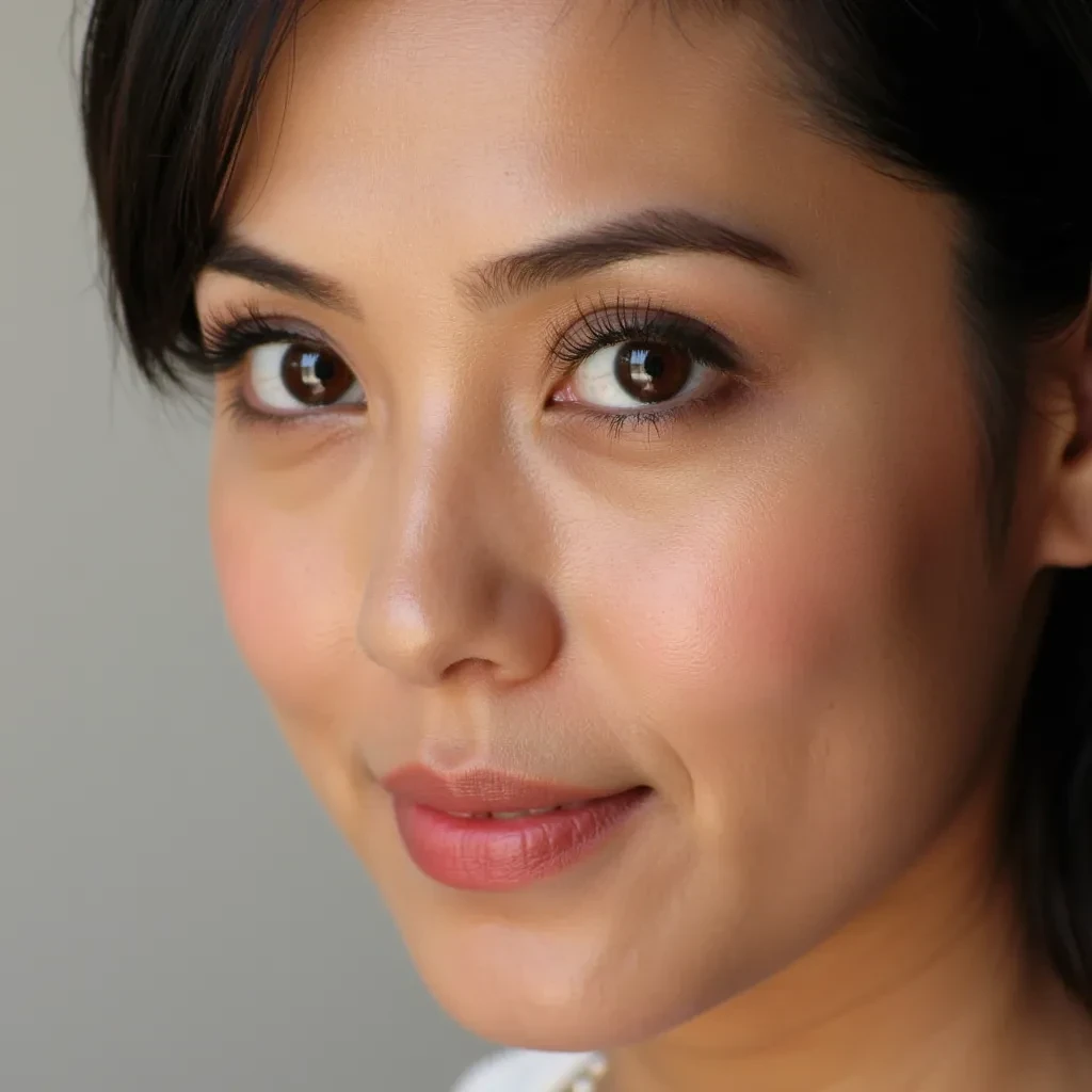 Based on all the information gathered in this chat, here is a detailed description of her face:
Her face is characterized by striking, well-defined features. Her eyes are distinctly almond-shaped with a slight upward tilt, and possess dark irises. They are framed by well-defined upper and lower eyelids with long, dark lashes (likely enhanced), contributing to her focused gaze. At an extreme microscopic level, minute capillaries in the sclera (whites of her eyes) and precise reflections on the cornea contribute to their "living" quality. The incredibly fine, radial patterns within her dark irises show more distinction and subtle shifts in value under bright light, giving her eyes more depth. The precise, tiny, pinkish fold of skin at the inner corner of her eye (lachrymal caruncle) with its subtle moist sheen, and the extremely fine, almost imperceptible creases under her lower eyelids that appear when she smiles or squints slightly, are also notable.
Her eyebrows are dark, naturally arched, and meticulously groomed, providing a strong frame for her eyes, with individual hair strokes visible and their specific direction of growth.
Her nose is fine and well-sculpted, with a narrow bridge and a slightly upturned tip. Subtle shadows delineate its three-dimensional form, and the minute, almost invisible shadow that delineates the philtrum (groove above upper lip) from the base of the nose, and the very subtle curve of the columella (fleshy part between nostrils), are key details.
Her lips are full and well-defined, especially the lower lip, often displaying a natural, slightly pouty appearance. Their surface exhibits fine vertical texture lines and a consistent, reflective sheen from gloss or natural moisture. The prominent labial tubercle on her upper lip is a key detail, as is the incredibly precise, almost microscopic line where the inner, moist part of her lips transitions to the dryer, outer part.
Her jawline is sharply defined, transitioning smoothly into a slender neck, with a well-formed, pointed yet rounded chin, sometimes showing a very subtle dimple or cleft.
Her facial skin maintains a consistent warm, olive tone that exhibits a healthy, subtle luminosity and sheen. At a microscopic level, the incredibly fine texture includes minute pore definition (particularly around the nose and central forehead), and the almost invisible "peach fuzz" (vellus hair) on her cheeks, forehead, and jawline, which can create a subtle textural shimmer in strong light. There are also subtle, localized variations in skin color (e.g., a touch more redness around the nostrils, or a slight warmth across the bridge of the nose from sun exposure). The precise placement of highlighter on her cheekbones and possibly the bridge of her nose creates specific points of intense light reflection, defining her facial structure.
A consistent, small, dark beauty mark or mole is visible near the outer corner of her right eye (viewer's left side of her face). When wearing sunglasses, the frames subtly press into her skin at the bridge of her nose and temples, causing a very faint, localized flattening or indentation.
