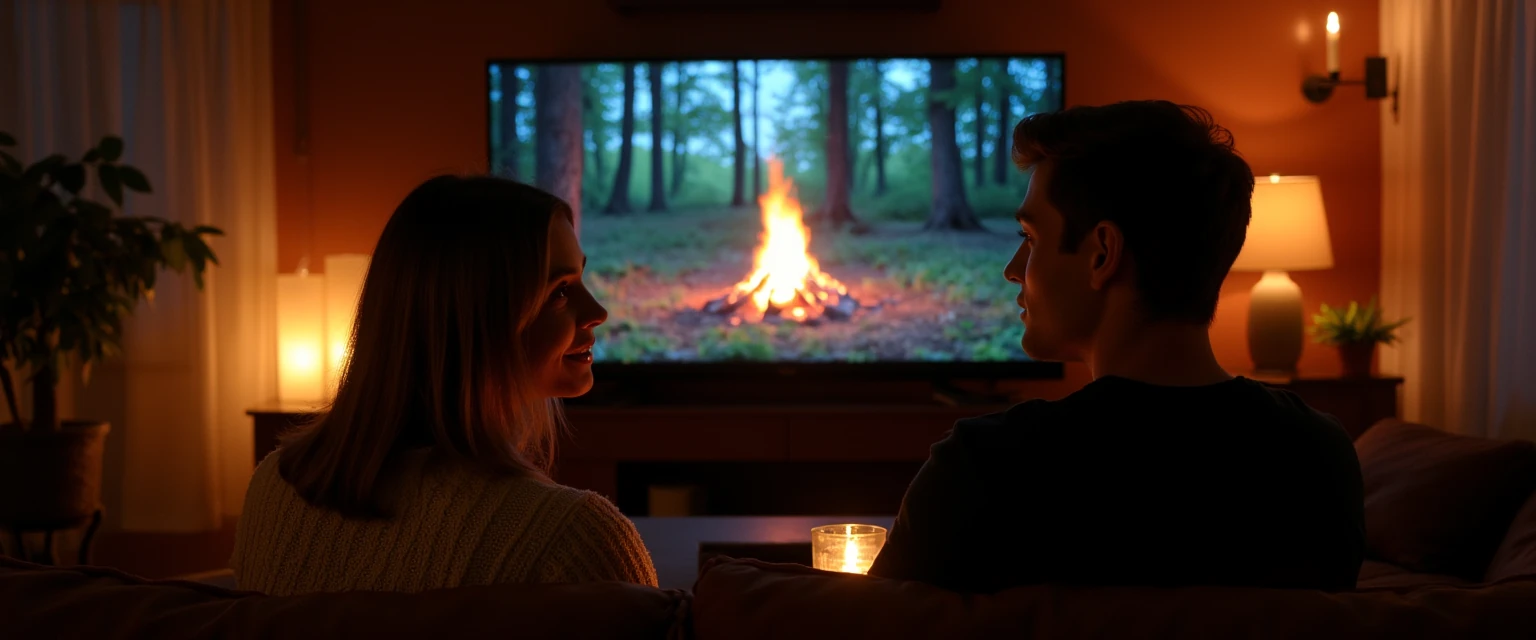 "Create a realistic, visually appealing image depicting a handsome young man and a woman engaged in an intimate, romantic date setting. The couple is seated comfortably, enjoying a relaxed conversation. In the background, a large, clearly visible television screen is displaying a soothing, immersive nature scene featuring a bonfire gently flickering in a tranquil woodland setting. Emphasize warm, cozy lighting and a welcoming atmosphere that complements the romantic mood."
