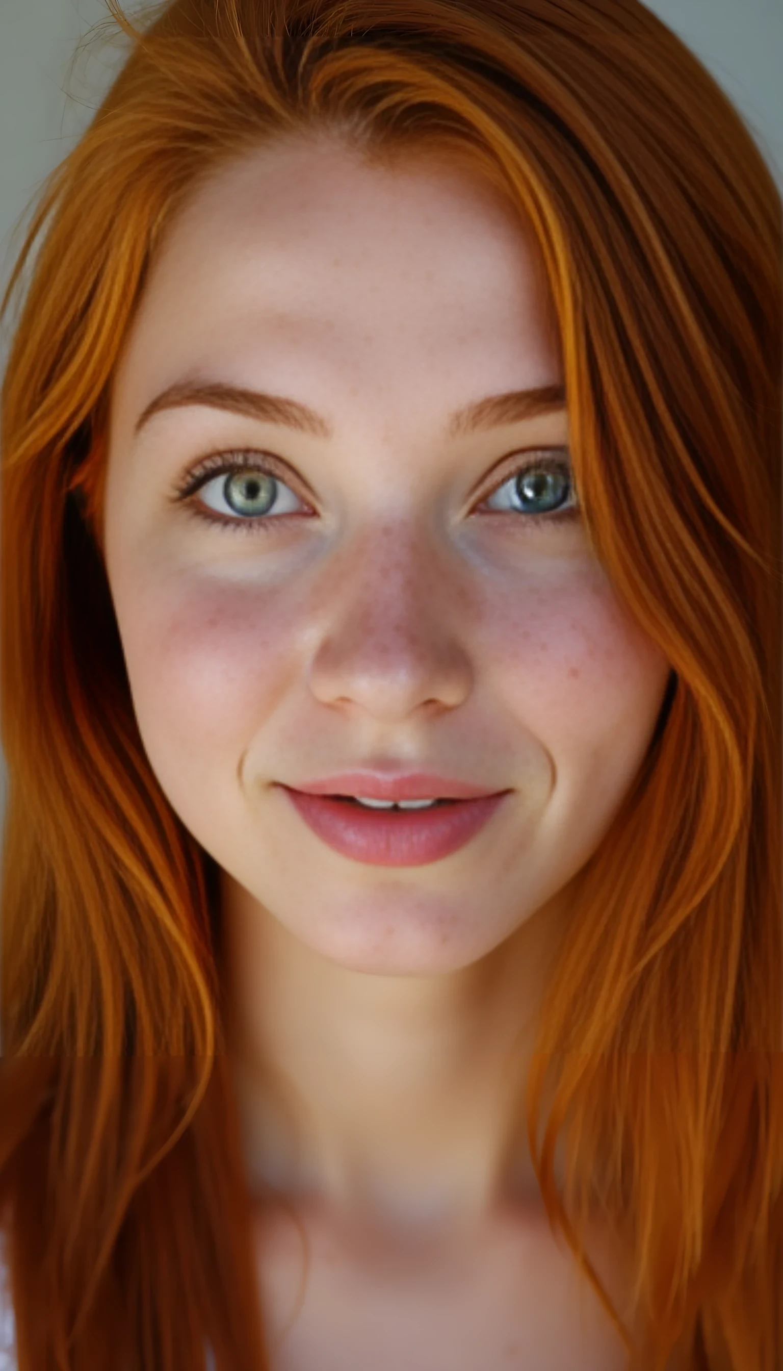 A portrait photo of a beautiful 20 years old model, mixed ethnicity of half white American half Brazilian, with soft red hair, emerald green eyes, light freckles across her nose, perfect glassy skin, ultra detailed eyes with sharp iris reflections, slight smile, studio-quality, extremely realistic HD