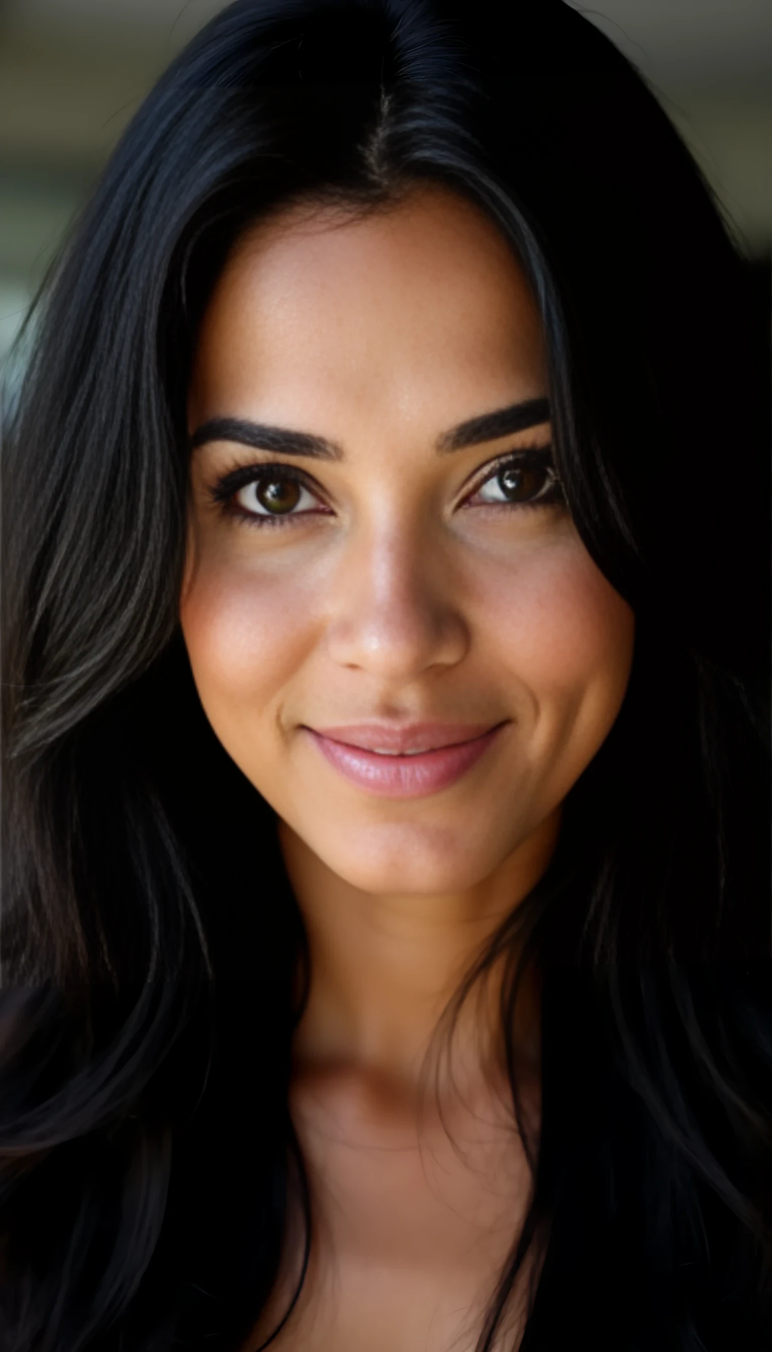 A portrait photo of a beautiful 43 years old model, mixed ethnicity of half white American half Brazilian, with jet black hair, deep brown eyes, ultra detailed eyes with sharp iris reflections, slight smile, studio-quality, extremely realistic HD