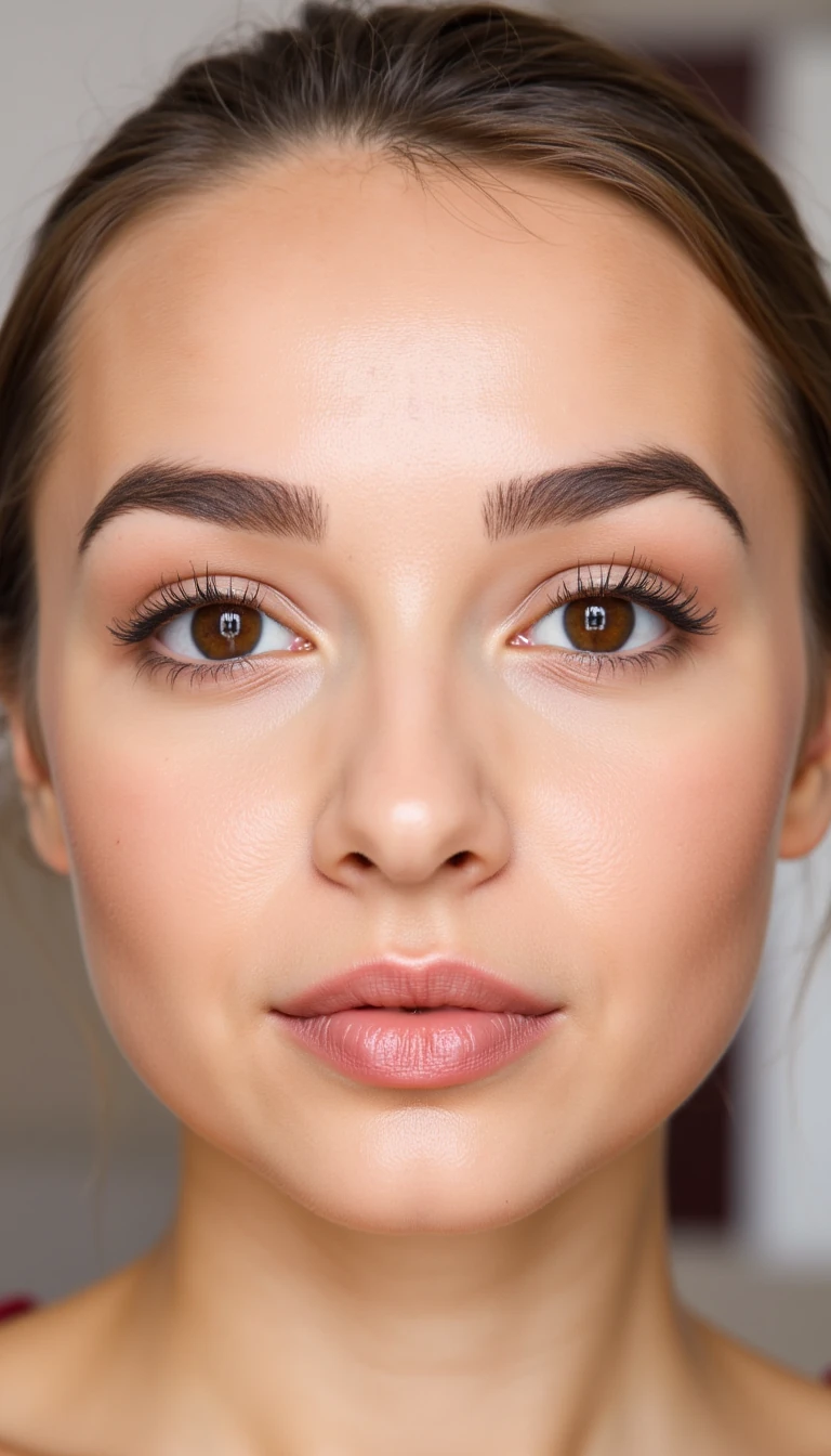 A young female face with a soft, symmetrical oval shape and a gently rounded chin. She has a smooth forehead that transitions naturally into softly contoured cheeks. Her eyebrows are medium in thickness, gently arched and well-groomed, sitting naturally above her eyes. Her eyes are large, round, and wide-set with a slightly upward tilt at the outer corners. The eyelids have a gentle crease, and her lower lash lines are clean and defined. She has a small, straight nose with a narrow bridge and a softly rounded tip. Her cheeks are full with a youthful flush, blending smoothly into her face without sharp angles. Her lips are full and naturally pink; the upper lip has a defined cupid's bow and the lower lip is slightly fuller. Her skin is smooth, even-toned with a warm, natural glow.