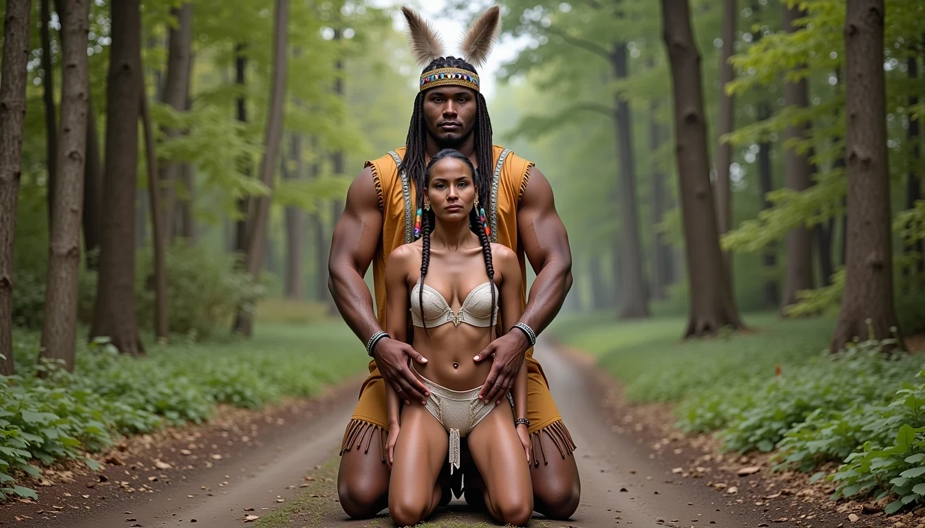 photo of woman CSTMDL, a medium shot photo of, a slim woman, her full body is in the scene, she has a slender petite build with petite small boobs and a flat chest, she has small dark skin nipples with long pointy nipple ducts and small dark skinned areolas, her hair is styled with two long braids she has eagle plumes in her hair, she is not wearing earrings, she is wearing daisy duke denim booty shorts, she is wearing a native American style vest in a golden yellow color over top of her underwear, her vest is open exposing her strapless bra, her bra is a strapless white lace bra, she is wearing white lace panties, she is wearing ankle height smoked hide moccasins, natural lighting, natural light, amateur photography, shot on an iPhone, she is standing with her legs spread wide apart in a densely wooded forest, she is maintaining intense eye contact with the camera, there is a giant native American fat man twice her height kneeling directly behind her holding onto gripping the woman's waistline, the man is holding her in front of him, the man is a real giant twice the height of an average male, public setting, Hyper realism, ultra-sharp focus, highly detailed, natural lighting, natural light, amateur photography,