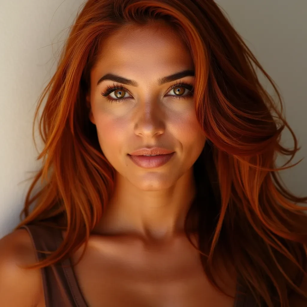 A breathtakingly beautiful Latina woman with glowing caramel-bronze skin and long, voluminous deep red hair that cascades in soft waves past her shoulders — a bold yet elegant crimson tone that turns heads. She has a heart-shaped, symmetrical face with flawless, radiant skin and a natural sun-kissed glow. Her eyes are large, almond-shaped, and mesmerizing — golden-hazel with flecks of green, glowing like honey kissed by sunlight. Perfectly arched dark brows create contrast, framing her gaze with intensity and warmth. She has naturally full, pouty lips with a soft rose tint, a gently defined nose, and a captivating, confident expression that blends effortless beauty with bold individuality. Salina radiates magnetic charm, iconic “cool girl” energy, and a unique visual signature that makes her unforgettable.