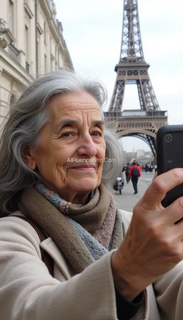 A hyper-realistic photograph of a 65-year-old grandmother with long, natural grey hair taking a selfie in Paris. The grandmother has visible fine wrinkles, natural skin textures, and realistic facial details, including slight imperfections that enhance authenticity. Her hair is slightly windswept, reflecting the outdoor setting. She is wearing modest, everyday clothing, like a casual sweater and a light scarf, appropriate for sightseeing. She holds a smartphone at arm's length, capturing herself with the Eiffel Tower clearly visible in the background. The lighting is soft, slightly diffused, mimicking real outdoor sunlight. The overall atmosphere and details should evoke the feeling of a genuine, lived-in moment, free from over-smoothing, artificial enhancements, or a synthetic "plastic" look.