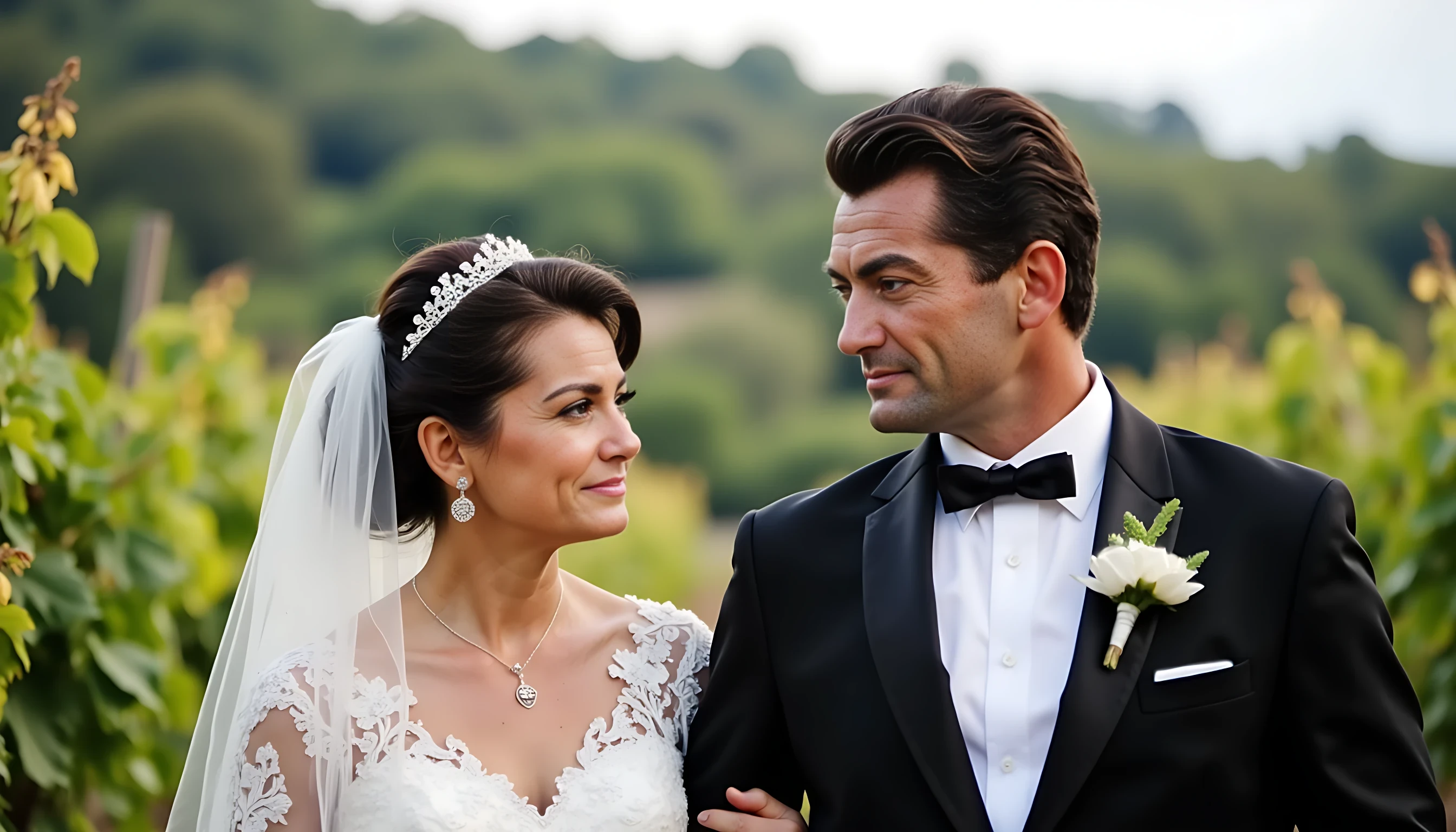 8K ultra detailed photography. The photo is a wedding photography of a 25 years old man CSTMDL, and is beautiful french brunette girl. Scene is in 2002. He's smiling, short black hair. He wears a wedding tuxedo. Scene is set in the middle of a wineyard