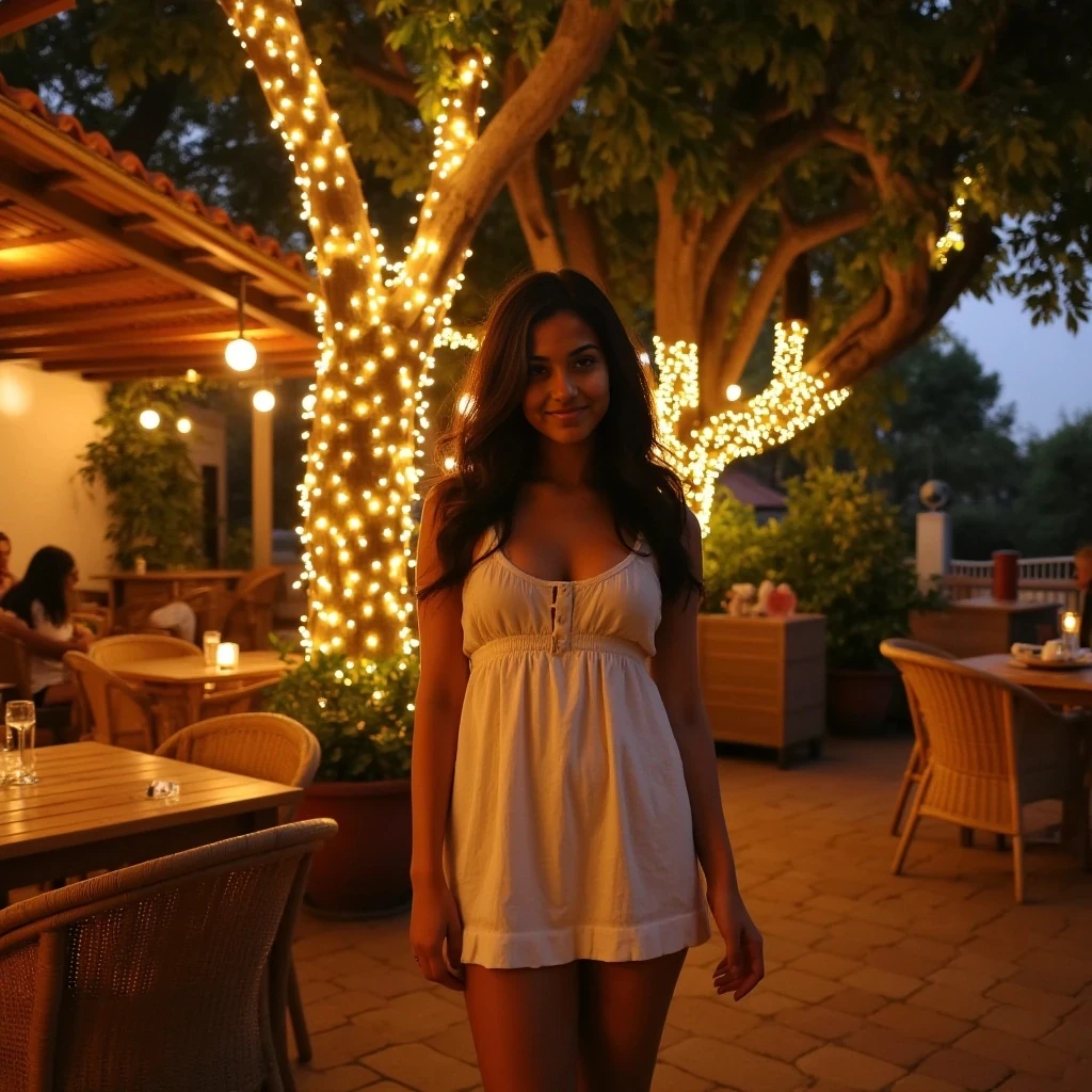 A full body shot photo of a woman standing outdoors at a cozy, warmly lit patio in the evening, with soft, glowing lights wrapped around a tree behind them creating a charming atmosphere. The image is rich in detail, with warm tones and clear textures throughout. The woman has tanned skin, a slim build, and long wavy dark brown hair cascading to her middle. She is wearing a cute cream summer mini dress. The background features a large tree with sparkling string lights wrapped around its trunk and branches, adding a magical touch to the scene. The setting suggests a private outdoor seating area, with elements like terracotta-tiled roofing, greenery, and rattan chairs contributing to a serene, inviting vibe. The overall composition is balanced, with the woman framed against the softly glowing tree, and the lighting enhances the warm, intimate feel of a quiet evening shared among friends. The details are vivid, with textures of clothing, skin, and background elements clearly visible, while the warm lighting creates a relaxed and joyful mood