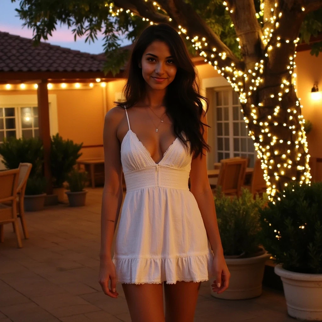 A full body shot photo of a woman standing outdoors at a cozy, warmly lit patio in the evening, with soft, glowing lights wrapped around a tree behind them creating a charming atmosphere. The image is rich in detail, with warm tones and clear textures throughout. The woman has tanned skin, a slim build, and long wavy dark brown hair cascading to her middle. She is wearing a cute cream summer mini dress. The background features a large tree with sparkling string lights wrapped around its trunk and branches, adding a magical touch to the scene. The setting suggests a private outdoor seating area, with elements like terracotta-tiled roofing, greenery, and rattan chairs contributing to a serene, inviting vibe. The overall composition is balanced, with the woman framed against the softly glowing tree, and the lighting enhances the warm, intimate feel of a quiet evening shared among friends. The details are vivid, with textures of clothing, skin, and background elements clearly visible, while the warm lighting creates a relaxed and joyful mood