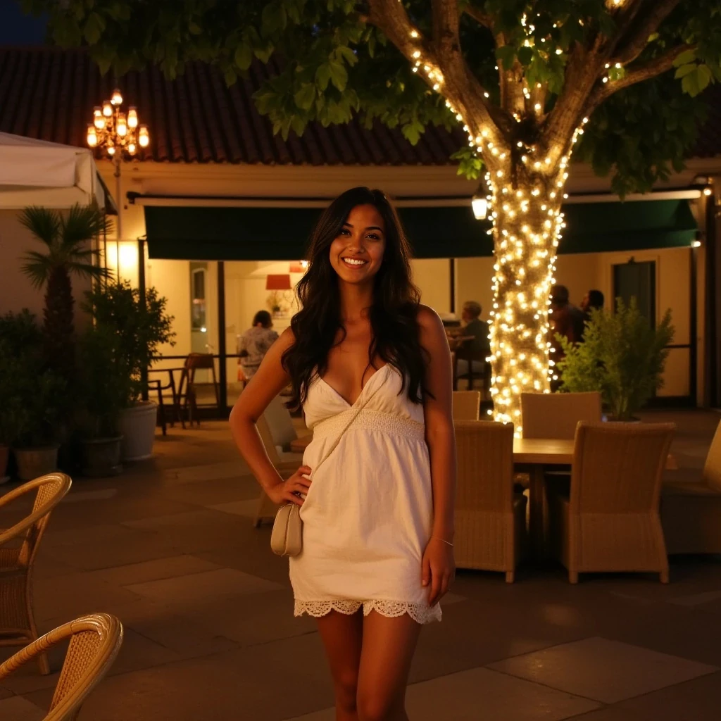 A full body shot photo of a woman standing outdoors at a cozy, warmly lit patio in the evening, with soft, glowing lights wrapped around a tree behind them creating a charming atmosphere. The image is rich in detail, with warm tones and clear textures throughout. The woman has tanned skin, a slim build, and long wavy dark brown hair cascading to her middle. She is wearing a cute cream summer mini dress. The background features a large tree with sparkling string lights wrapped around its trunk and branches, adding a magical touch to the scene. The setting suggests a private outdoor seating area, with elements like terracotta-tiled roofing, greenery, and rattan chairs contributing to a serene, inviting vibe. The overall composition is balanced, with the woman framed against the softly glowing tree, and the lighting enhances the warm, intimate feel of a quiet evening shared among friends. The details are vivid, with textures of clothing, skin, and background elements clearly visible, while the warm lighting creates a relaxed and joyful mood