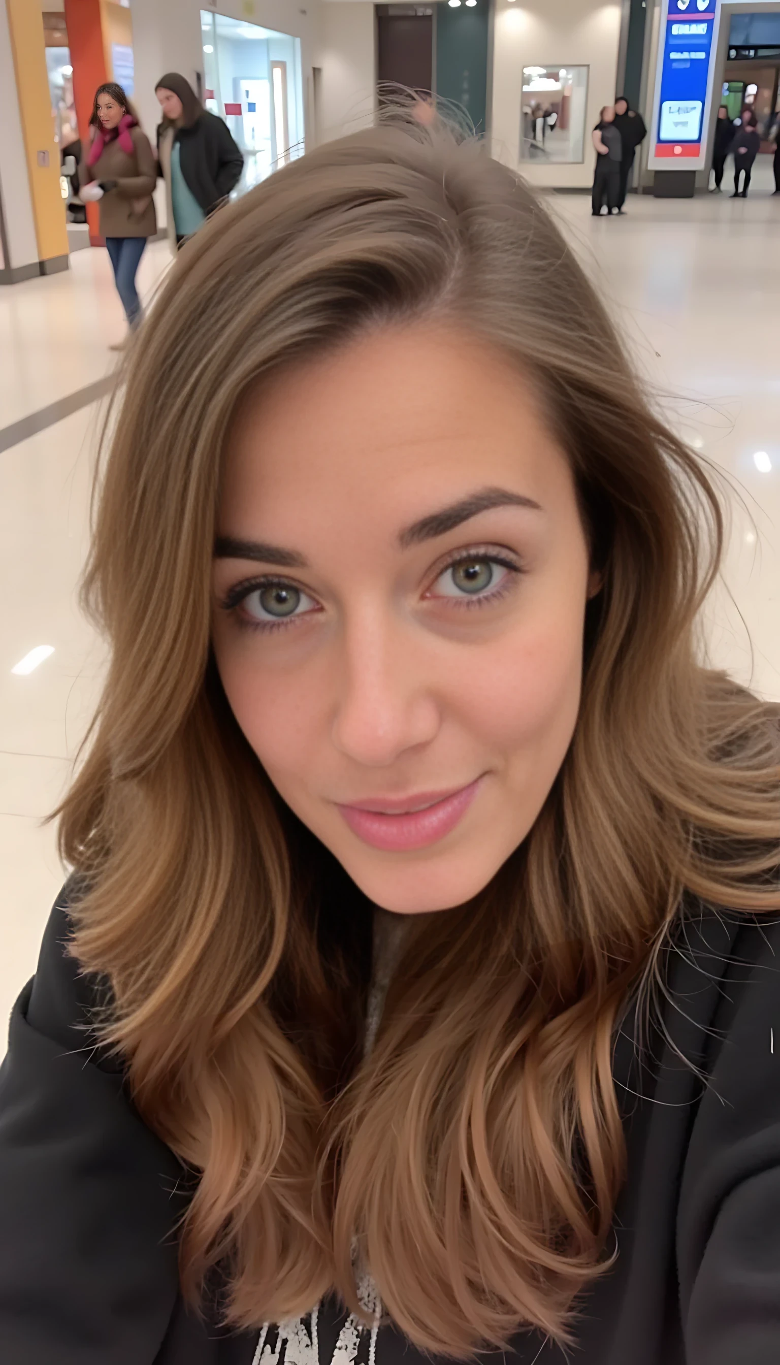 boring low quality snapchat photo circa 2015, average looking woman, soft light brown hair, mall background