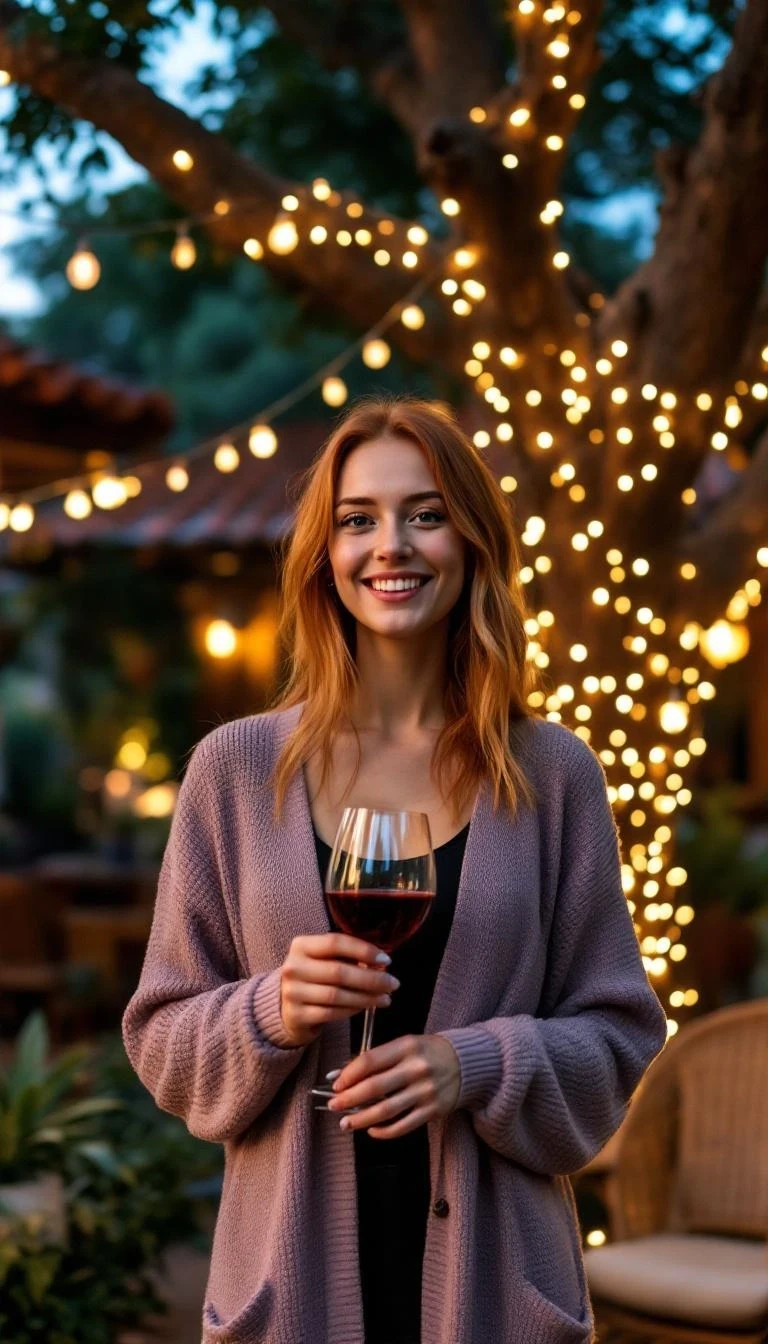 A full body shot photo of a woman standing outdoors at a cozy, warmly lit patio in the evening, with soft, glowing lights wrapped around a tree behind them creating a charming atmosphere. The image is rich in detail, with warm tones and clear textures throughout. The woman has fair skin, a slim build, and long reddish-blonde hair, also worn loose. She is smiling warmly at the camera, holding a glass of red wine in her right hand, and wears a soft-textured lavender cardigan over a black top. The background features a large tree with sparkling string lights wrapped around its trunk and branches, adding a magical touch to the scene. The setting suggests a private outdoor seating area, with elements like terracotta-tiled roofing, greenery, and rattan chairs contributing to a serene, inviting vibe. The overall composition is balanced, with the woman framed against the softly glowing tree, and the lighting enhances the warm, intimate feel of a quiet evening shared among friends. The details are vivid, with textures of clothing, skin, and background elements clearly visible, while the warm lighting creates a relaxed and joyful mood
