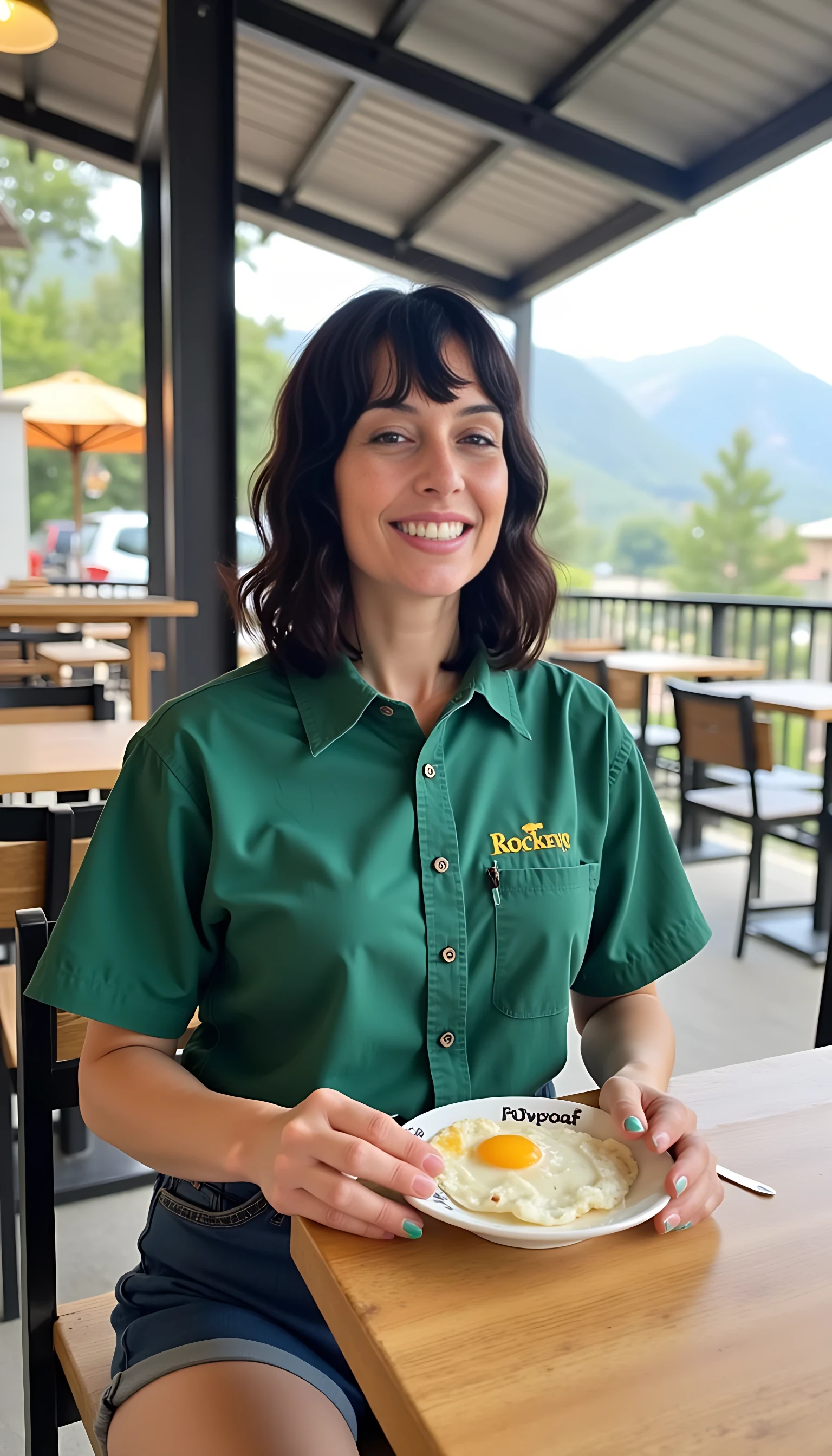 iphone portrait of CSTMDL woman younger Bob length hair hair makeup bangs cute smile brown eyes and sitting in cafe eating eggs and coffee wearing solid green shirt and shorts mountains background 