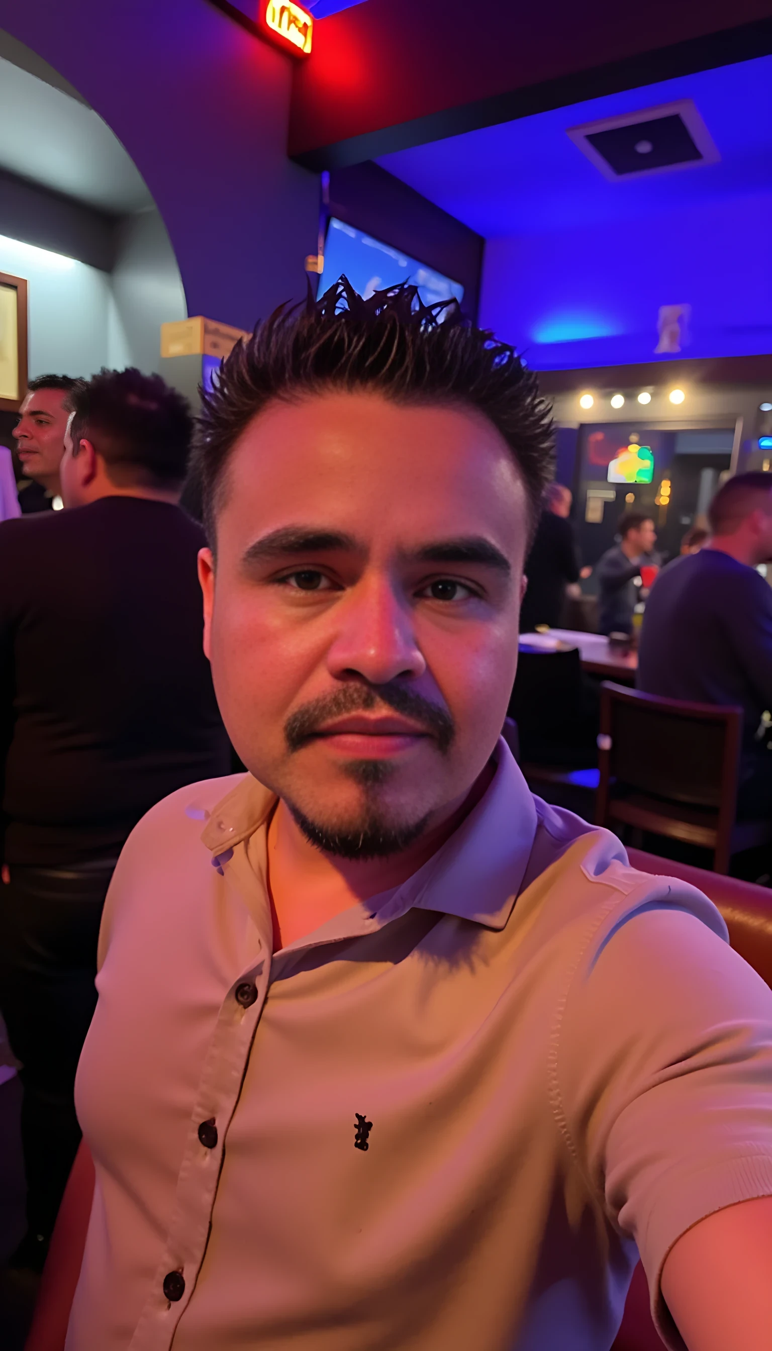 CSTMDL  selfie man average body wearing a Burberry shirt standing 
With nightclub background 