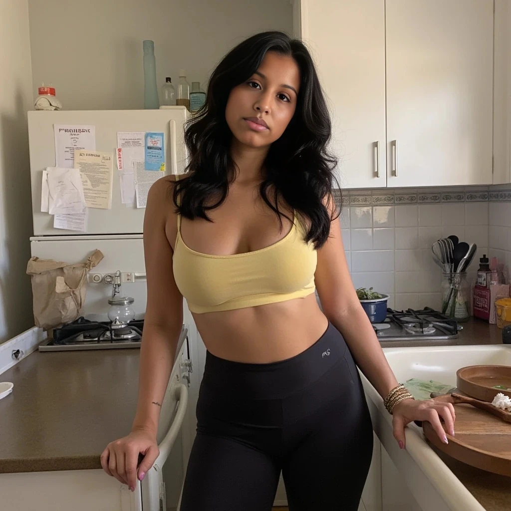 boring low quality instagram photo circa 2020, petite with sexy curves, black wavy hair, looking innocent, wearing leggings in a kitchen