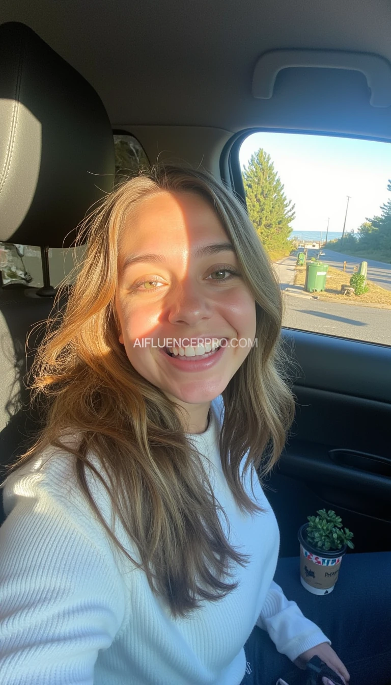 boring low quality snapchat photo circa 2015, A young woman with a warm smile, sitting in the driver's seat of a cozy car. She has soft, wavy brown hair cascading past her shoulders. The sunlight streams through the window, casting a gentle glow on her face. The interior of the car is neat and comfortable, with a coffee cup in the cup holder and a small plant on the dashboard. The background outside the window shows a scenic road lined with trees and blue skies