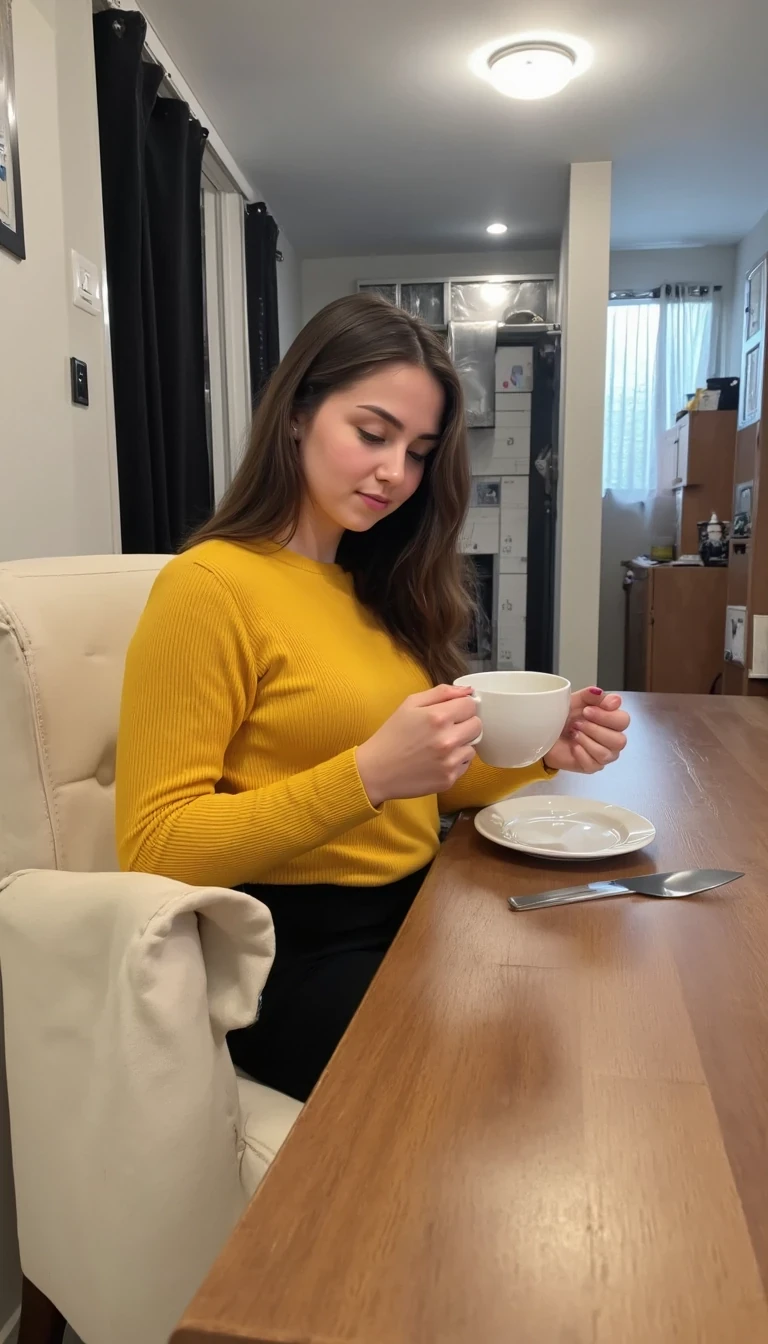 boring low quality snapchat photo circa 2015, cute woman, CSTMDL, She should look exactly like the AI trained "OLIVIA RENDERED BETTER",  the morning, sitting in a modern apartment dining room having coffee, instagram photo, instagram