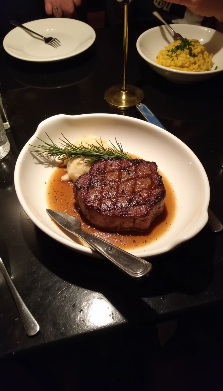 boring low quality snapchat photo circa 2015, this picture is being taken in a fancy restaurant. the picture is of a T bone steak. The food is in a white dish on a black table. 