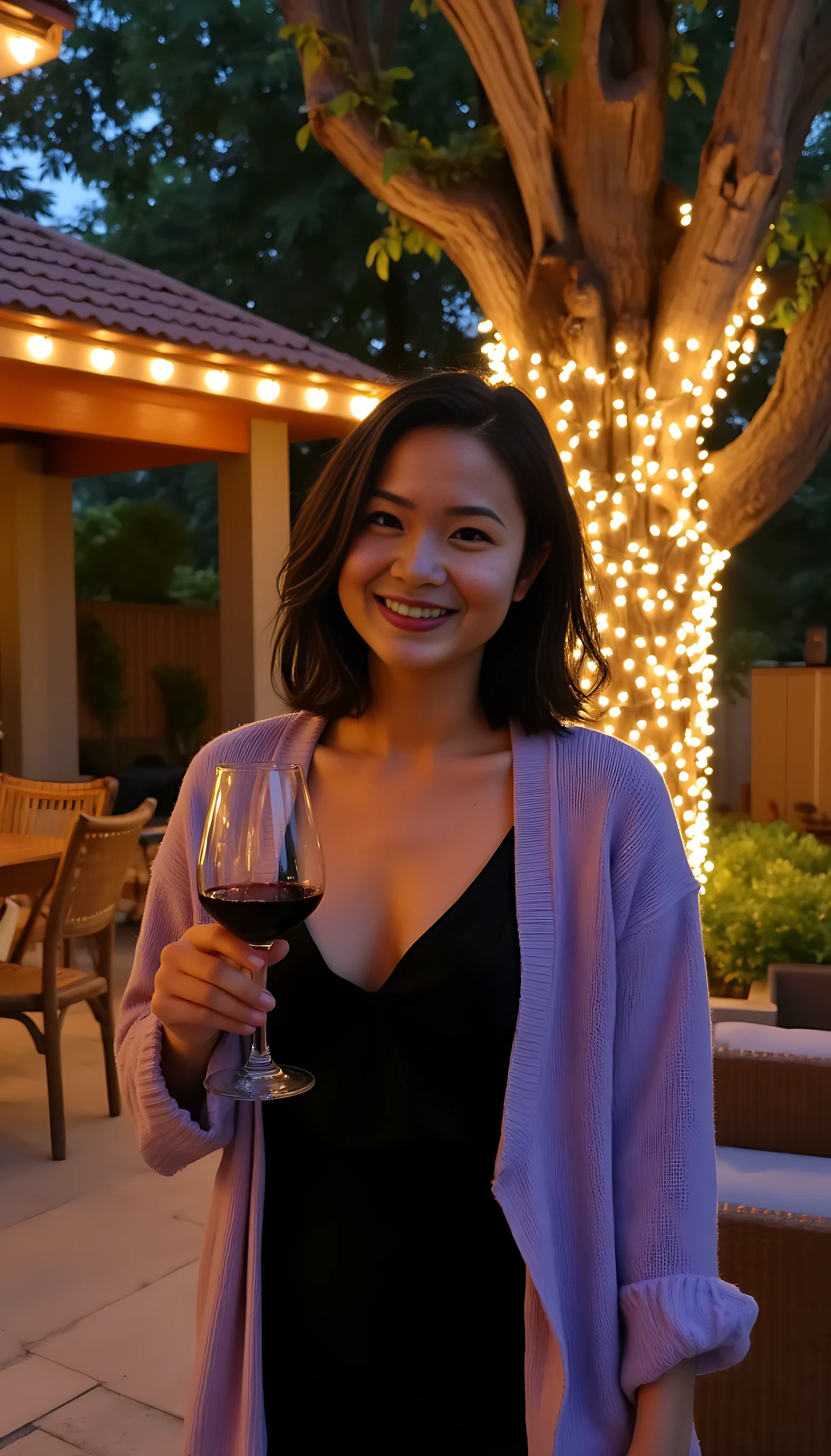 A full body shot photo of a woman standing outdoors at a cozy, warmly lit patio in the evening, with soft, glowing lights wrapped around a tree behind them creating a charming atmosphere. The image is rich in detail, with warm tones and clear textures throughout. The woman has fair skin, a slim build, and black short hairs, also worn loose. She is smiling warmly at the camera, holding a glass of red wine in her right hand, and wears a soft-textured lavender cardigan over a black top. The background features a large tree with sparkling string lights wrapped around its trunk and branches, adding a magical touch to the scene. The setting suggests a private outdoor seating area, with elements like terracotta-tiled roofing, greenery, and rattan chairs contributing to a serene, inviting vibe. The overall composition is balanced, with the woman framed against the softly glowing tree, and the lighting enhances the warm, intimate feel of a quiet evening shared among friends. The details are vivid, with textures of clothing, skin, and background elements clearly visible, while the warm lighting creates a relaxed and joyful mood