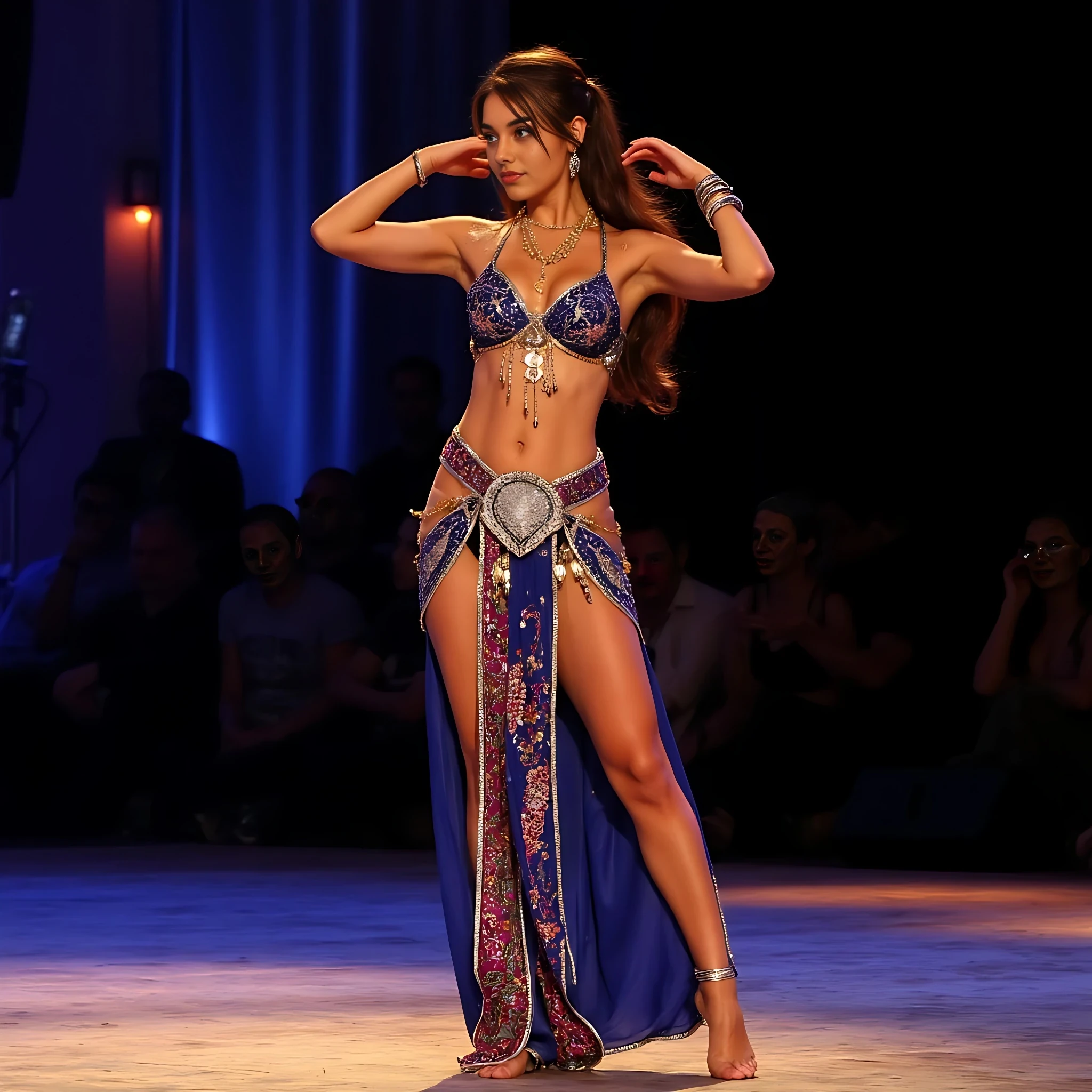 create an ultra-realistic full body image of a 19 year old Serbian woman. she is tan. She stands at 5'9", embodying the epitome of allure and charm with her sharp Slavic facial features. sunkissed tan skin. Her captivating blue eyes and long, brown hair enhance her mesmerizing presence. she is dressed in a oriental middle eastern bellydance costume. she is on stage, getting ready for a performance at  a belly dance competition. a lot of lights and people behind her in the crowd. she is barefoot, and she is standing on her tippie toes. her arms are holding her hair up in a pony tail, like her hands are responsible for her hair not falling down. Her expression is one of confidence and allure. Focus on extreme realism, especially in her facial details. her eyes are extremely realistic and she is looking directly in the camera. her breasts are showing a bit in her costume. her hair is wavy. make sure her hands are perfect. 