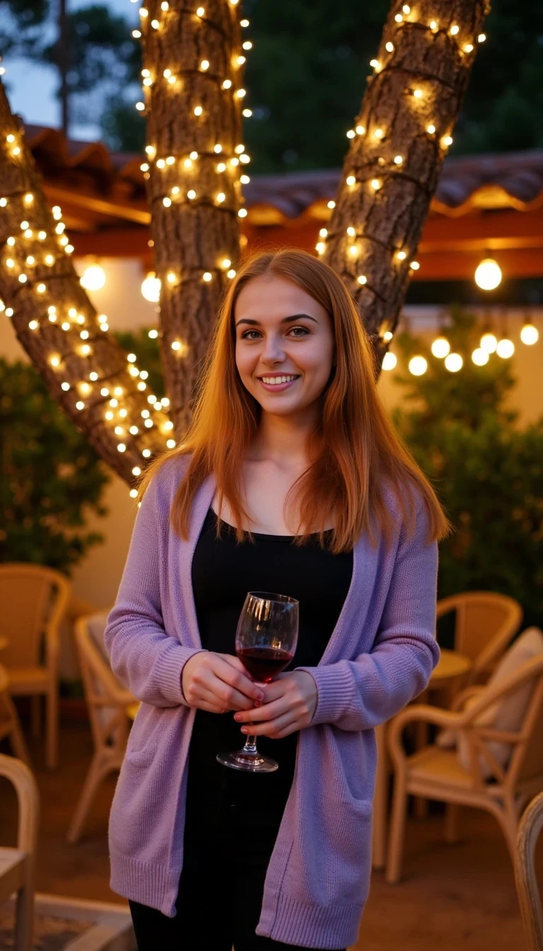 A full body shot photo of a woman standing outdoors at a cozy, warmly lit patio in the evening, with soft, glowing lights wrapped around a tree behind them creating a charming atmosphere. The image is rich in detail, with warm tones and clear textures throughout. The woman has fair skin, a slim build, and long reddish-blonde hair, also worn loose. She is smiling warmly at the camera, holding a glass of red wine in her right hand, and wears a soft-textured lavender cardigan over a black top. The background features a large tree with sparkling string lights wrapped around its trunk and branches, adding a magical touch to the scene. The setting suggests a private outdoor seating area, with elements like terracotta-tiled roofing, greenery, and rattan chairs contributing to a serene, inviting vibe. The overall composition is balanced, with the woman framed against the softly glowing tree, and the lighting enhances the warm, intimate feel of a quiet evening shared among friends. The details are vivid, with textures of clothing, skin, and background elements clearly visible, while the warm lighting creates a relaxed and joyful mood