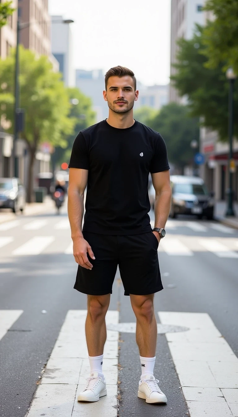 a Photorealistic full-body photo of a young handsome man standing on a city crosswalk in daylight. He has a well-groomed appearance, athletic build, stylish short hair and light stubble. He is wearing a fitted black short-sleeve T-shirt and black shorts in a modern ZARA style, paired with white socks and clean white sneakers. In his hand he casually holds an iPhone 16 Pro Max. The man looks directly at the camera with a confident yet natural expression. Urban city background with blurred traffic and buildings, lifestyle influencer aesthetic, high quality, cinematic realism, 8K
The photo feels cinematic, influencer-style, high quality, professional composition.
Well lit picture, Style: Photorealistic Lighting: studio lighting 
Details: Bright Lighting, High Detail, 4K
he stand infront of camera , photoghraped by a photograph
