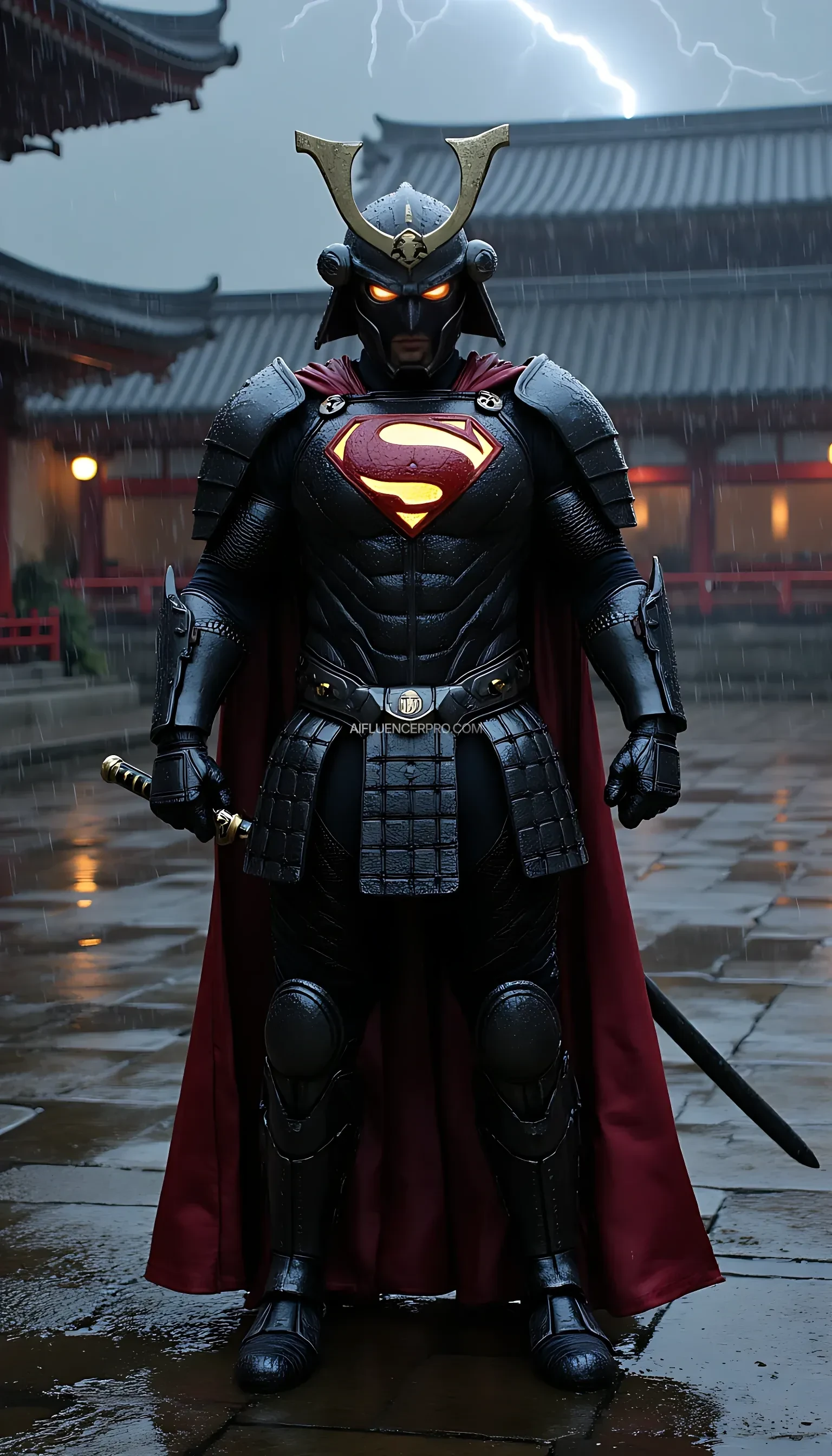 A photorealistic Superman wearing a majestic samurai-inspired suit, combining traditional Japanese armor with futuristic design. The samurai armor features intricate, metallic plating, with glowing accents that emphasize the advanced technology within. The iconic 'S' symbol is subtly integrated into the chest plate, radiating an aura of power. He wears a modernized samurai helmet, its sleek lines dripping with rain as water streams down his armor. Superman grips a katana firmly in one hand, the blade shimmering under the pouring rain, while droplets cascade from its edge. The scene is set in an ancient Japanese temple courtyard during a torrential downpour. Thunder rumbles in the distance, and flashes of lightning briefly illuminate the darkened sky. Puddles form on the stone ground, reflecting the temple's towering silhouette. Superman stands poised, his cape soaked and clinging to his body, as he prepares for an intense battle amidst the dramatic, rain-soaked atmosphere.
