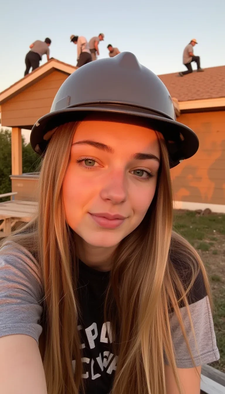 AI image prompt: boring low quality snapchat photo circa 2015, The scene features a college girl wearing a construction hat, while sitting on a wooden bench. The background shows a house under construction, with visible wooden planks and framework instead of a completed structure. The light is from a setting sun, giving an orange glow across her face and upper body without the sun itself being visible. The warm hues cast soft, elongated shadows, creating a relaxed, end-of-day ambiance. The atmosphere feels spontaneous and candid, with several construction workers visible in the background working on the unfinished wooden house.