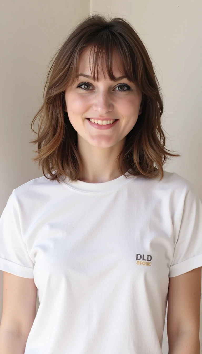 photo of woman CSTMDL, wearing a white plain T-shirt 