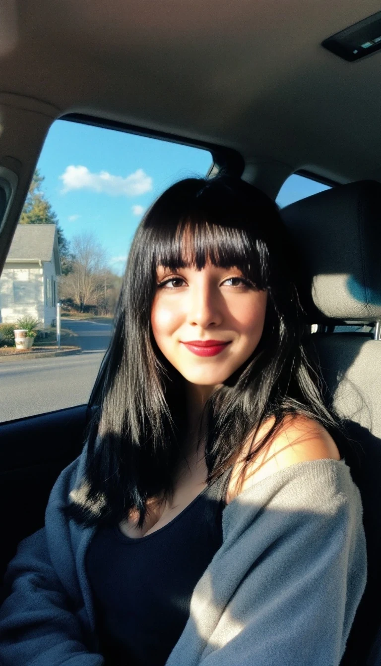 boring low quality snapchat photo circa 2015, CSTMDL, sitting in the driver's seat of a cozy car. She has soft, straight black hair with bangs cascading past her shoulders. The sunlight streams through the window, casting a gentle glow on her face. The interior of the car is neat and comfortable, with a coffee cup in the cup holder and a small plant on the dashboard. The background outside the window shows a scenic road lined with trees and blue skies