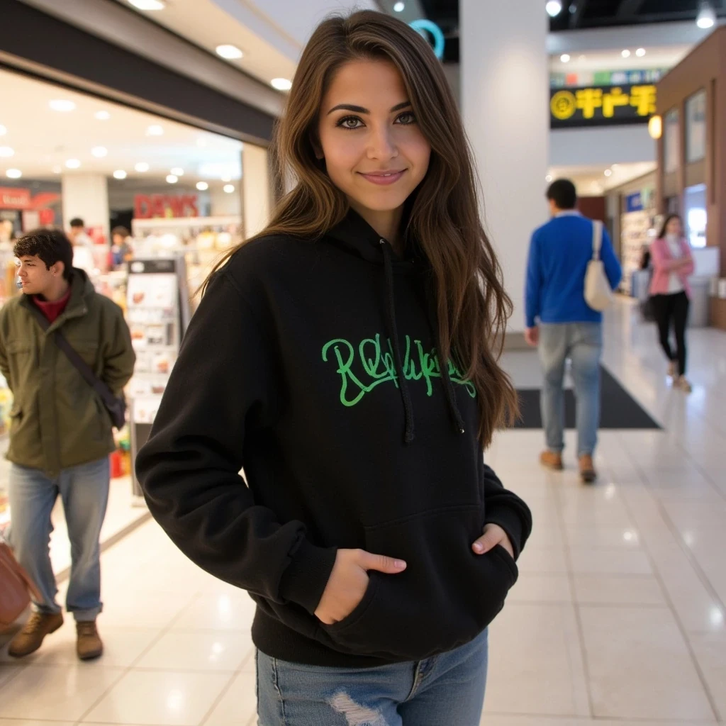 portrait of an attractive brunette woman with green eyes, young 20 year old, hourglass shape body, bubble/heart shape butt, slim, light skin, gamer girl, loves hoodies and cut/ripped jeans, at mall shopping, has a warm smile