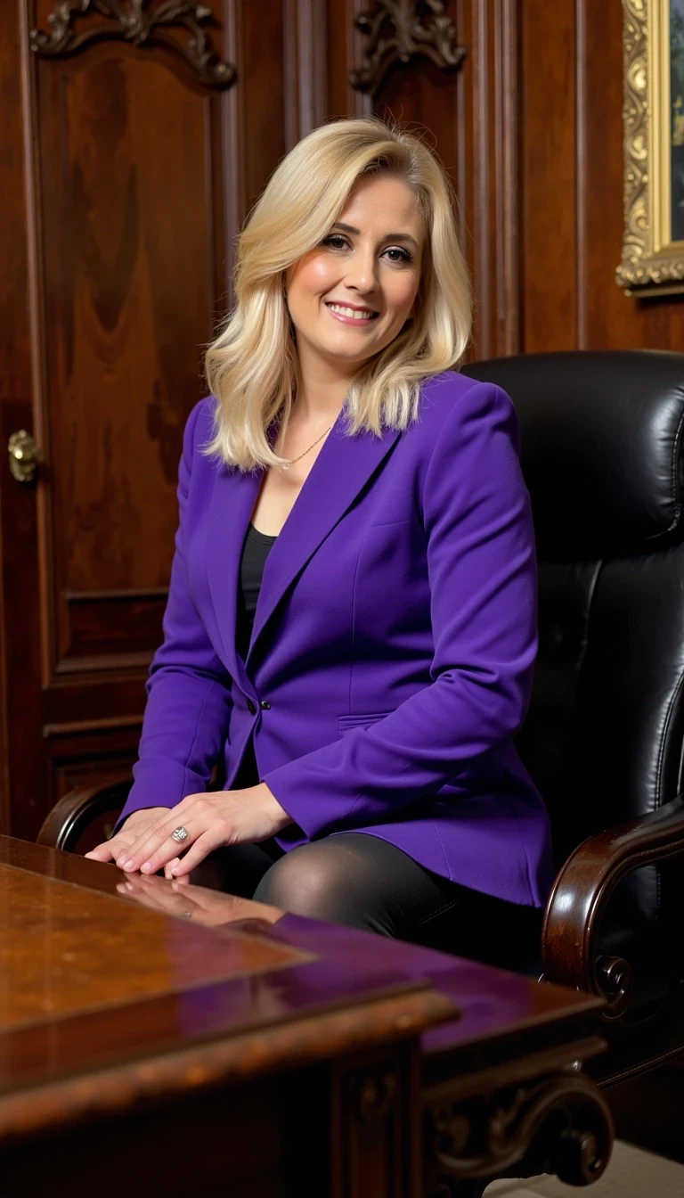 iphone portrait of CSTMDL blonde woman  
Wearing a high fashion royal purple blazer, very bold, sitting on the corner of an executive elaborate wooden desk  hands hidden, modest