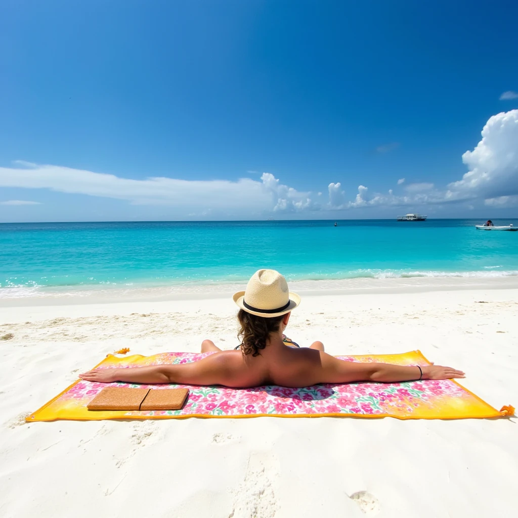 sunbathing on a towel and a white beach in mexico